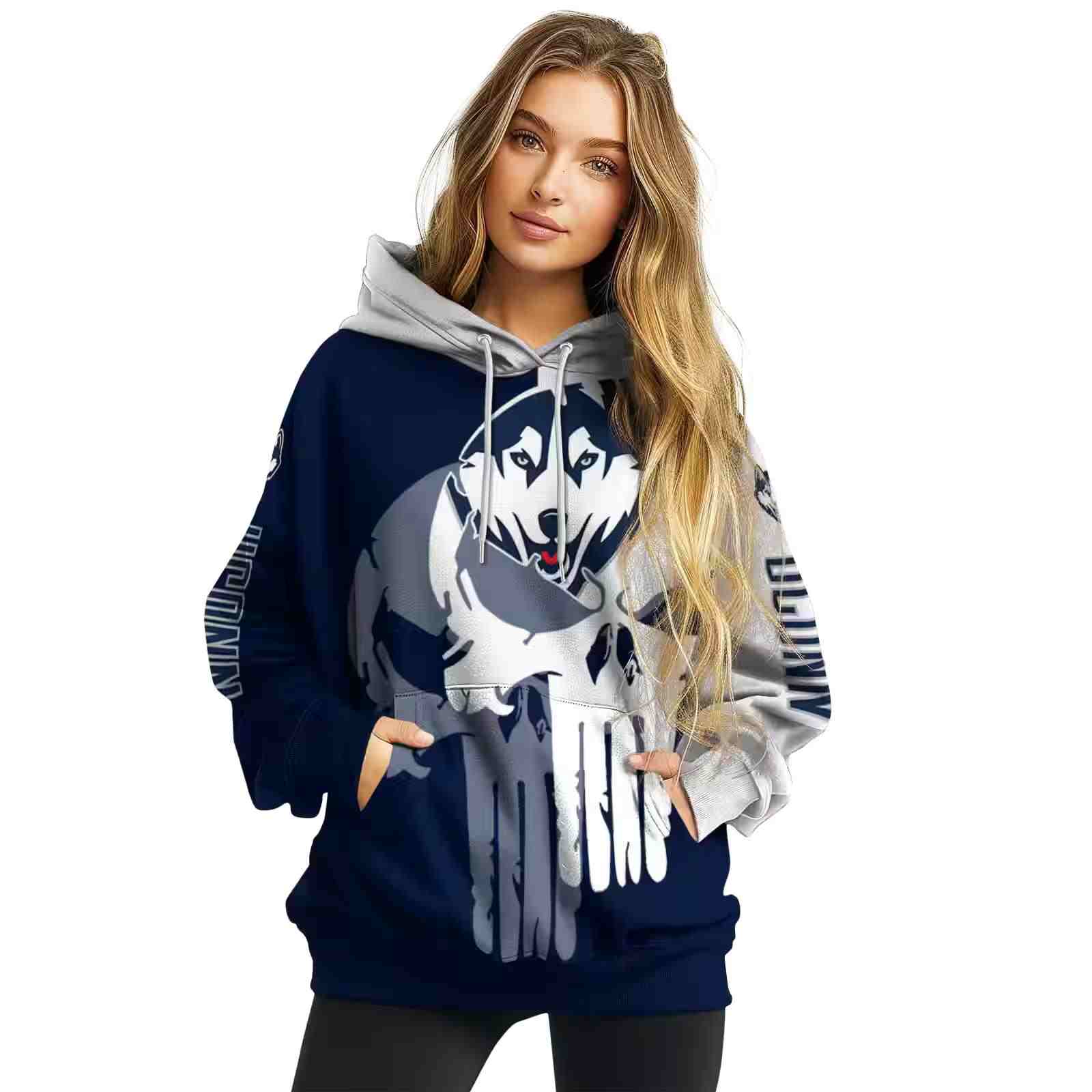 uconn huskies graphic punisher blue white hoodie high quality