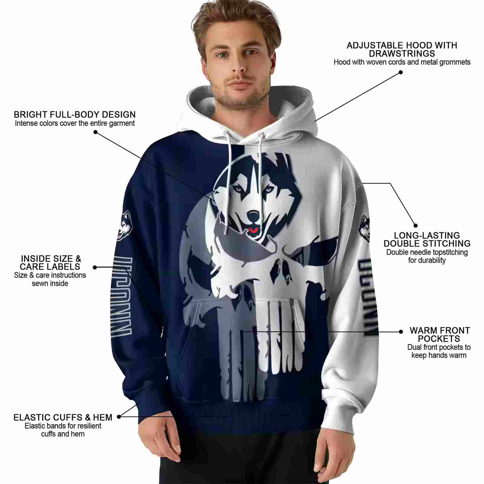 uconn huskies graphic punisher blue white hoodie latest model