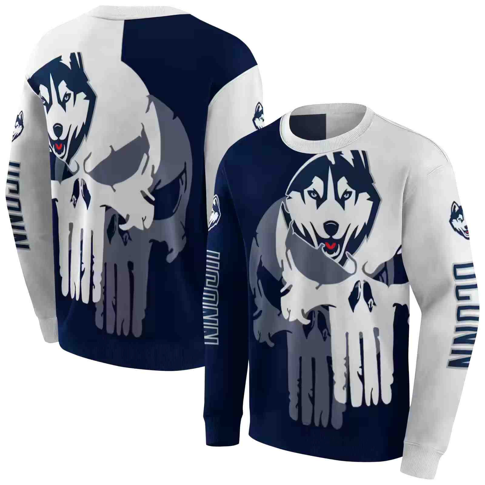 uconn huskies graphic punisher blue white hoodie premium grade