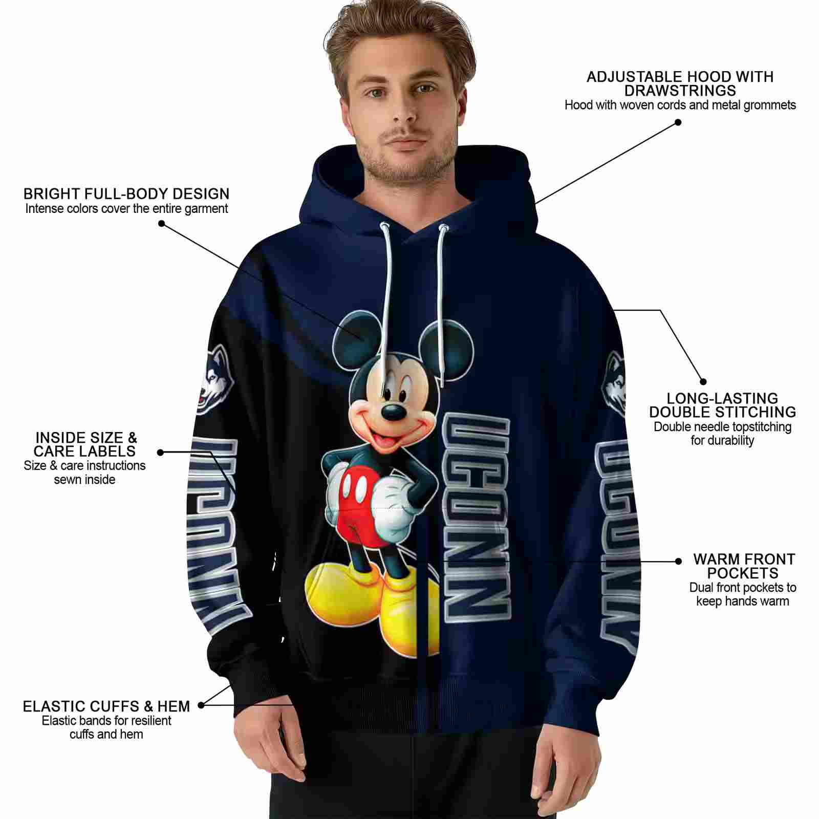 uconn huskies mickey mouse blue black hoodie latest model