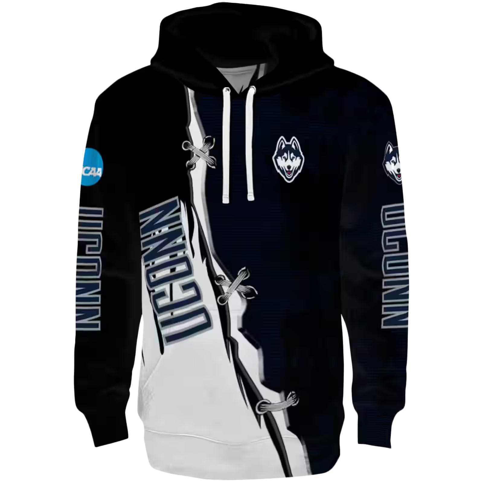 UConn Huskies Ripped Pattern Blue Black White Hoodie