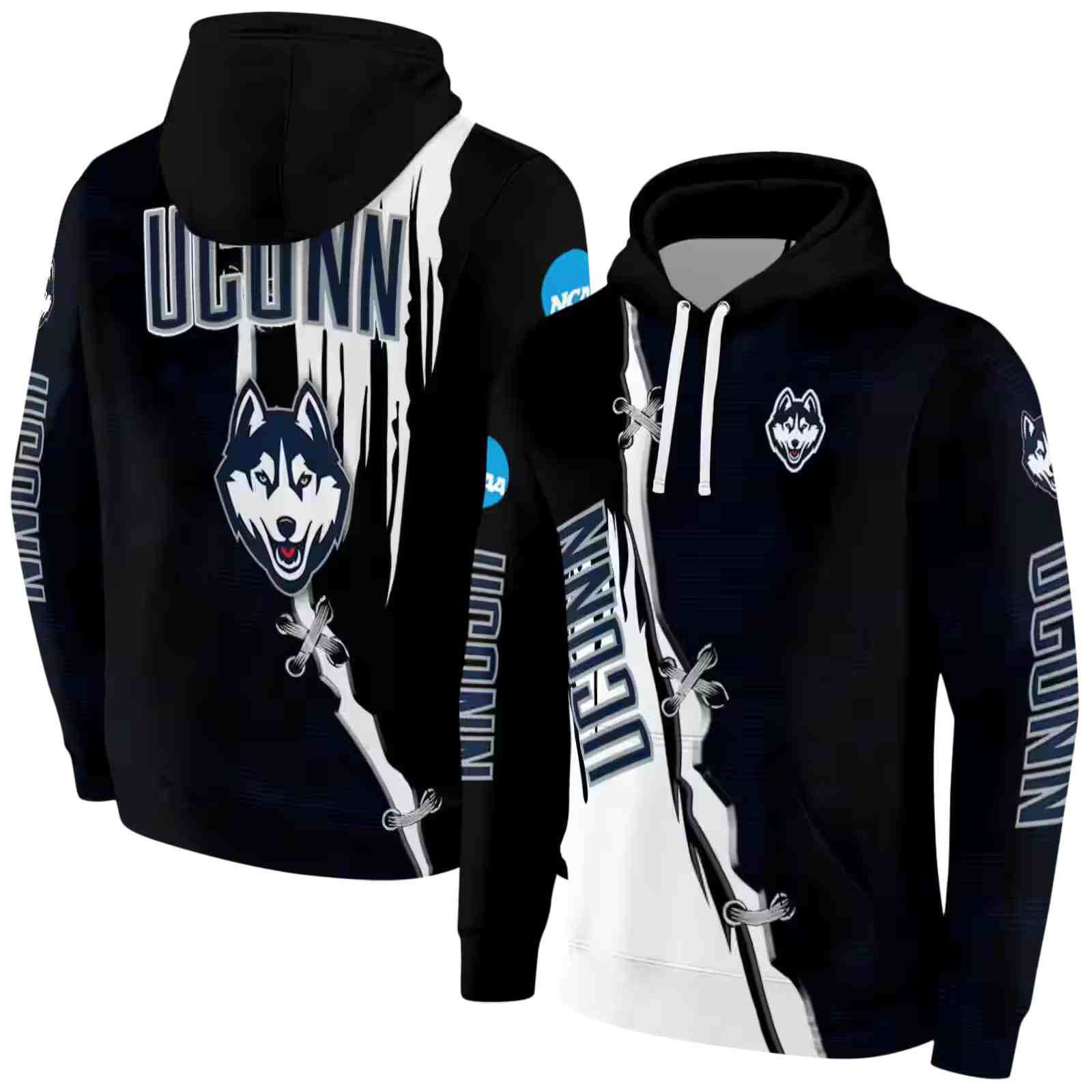 uconn huskies ripped pattern blue black white hoodie fashion forward