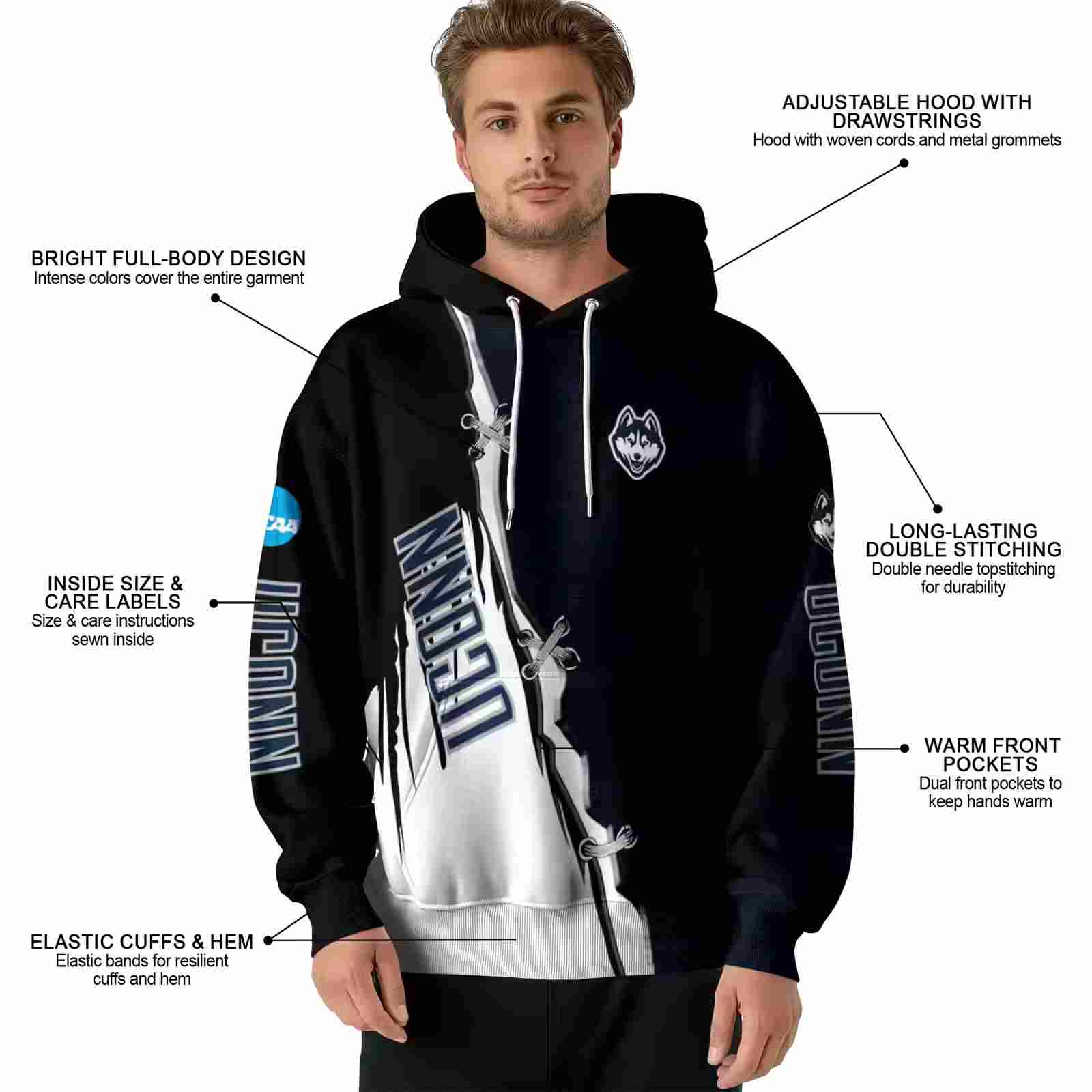 uconn huskies ripped pattern blue black white hoodie latest model