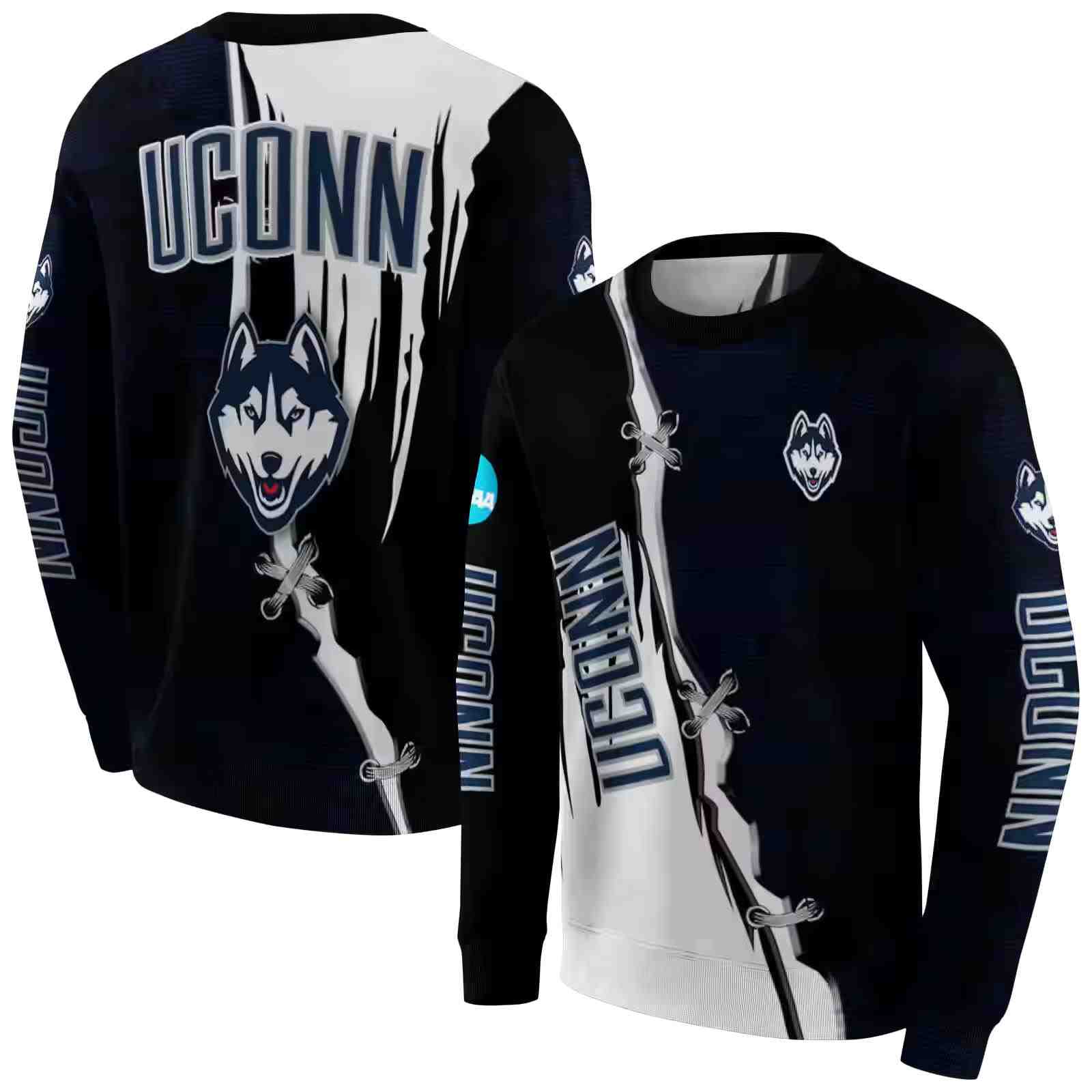 uconn huskies ripped pattern blue black white hoodie premium grade