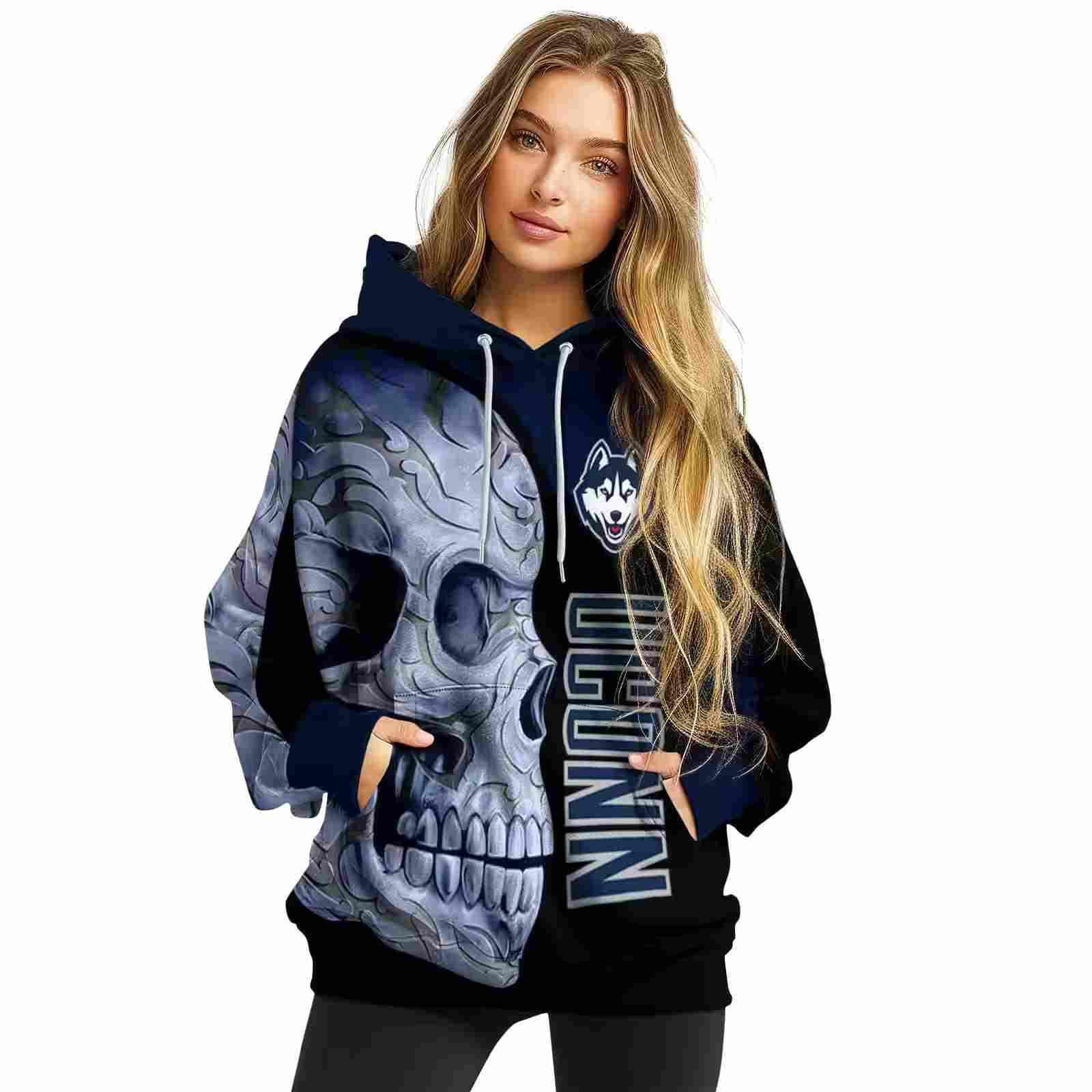 uconn huskies skull motif blue black hoodie high quality