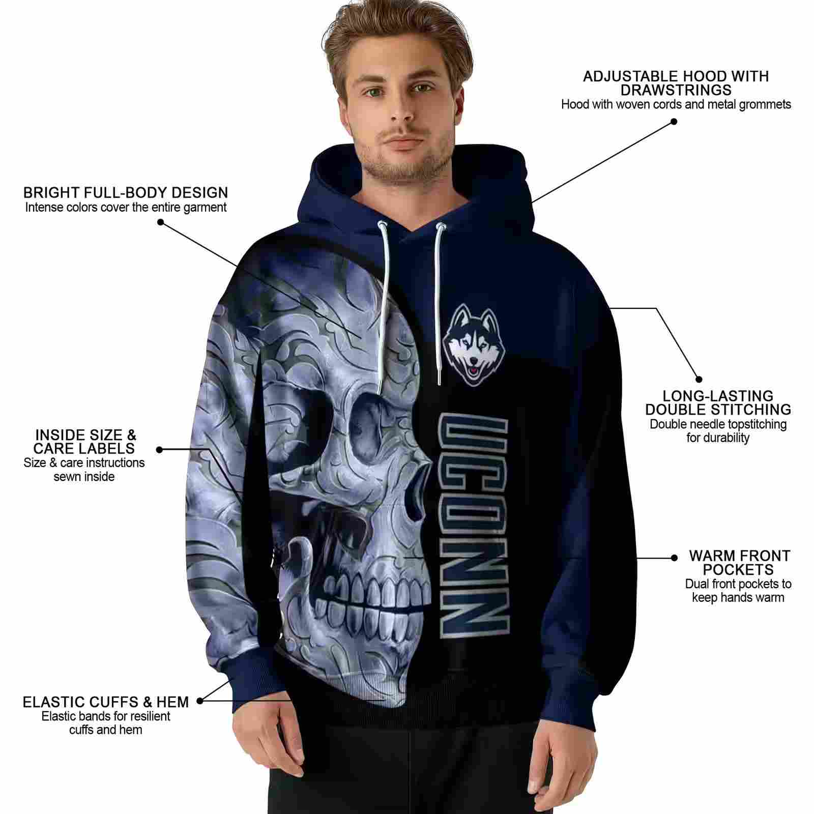 uconn huskies skull motif blue black hoodie latest model