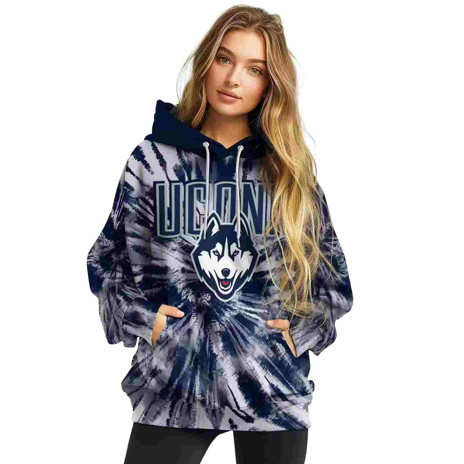 uconn huskies tie dye pattern blue hoodie high quality