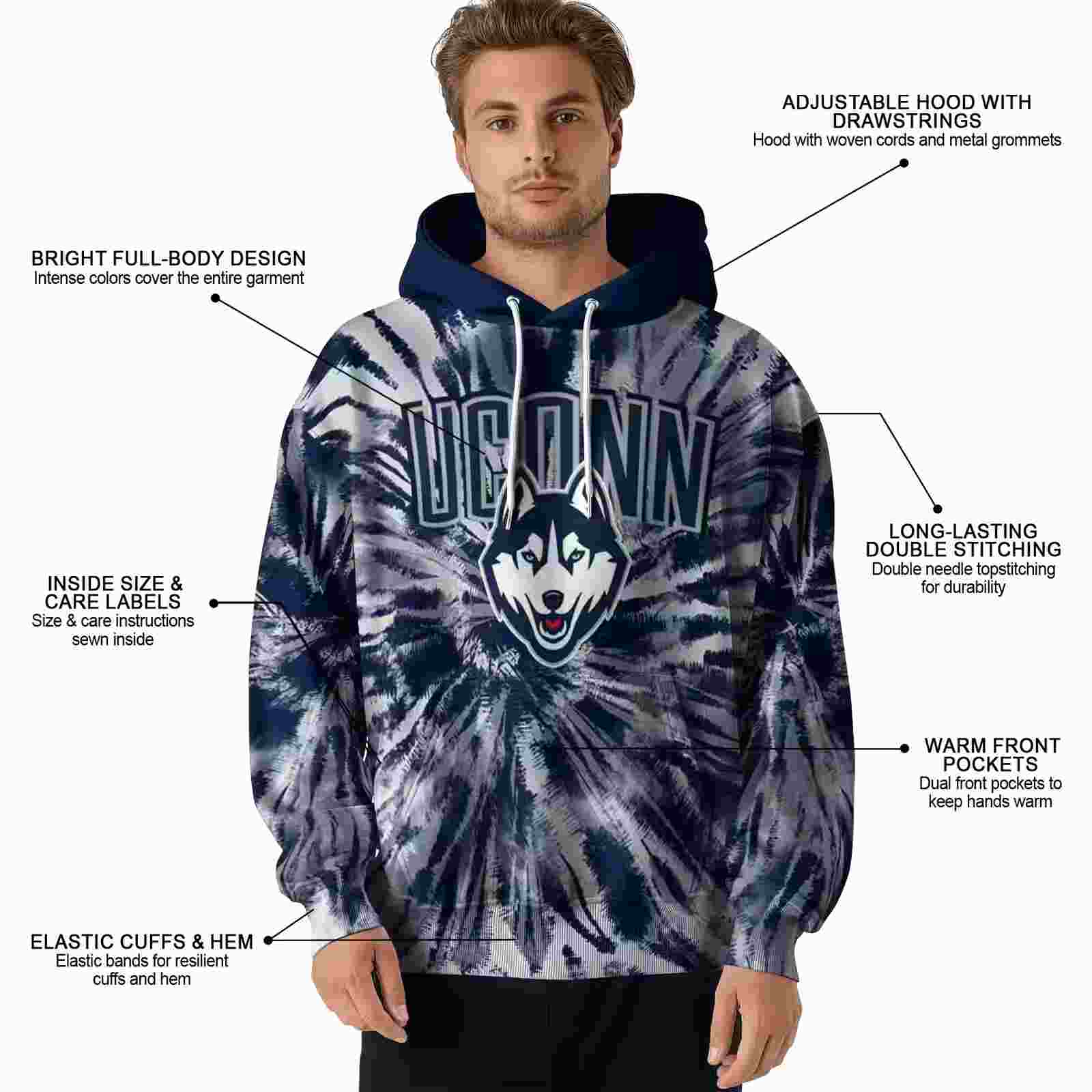 uconn huskies tie dye pattern blue hoodie latest model