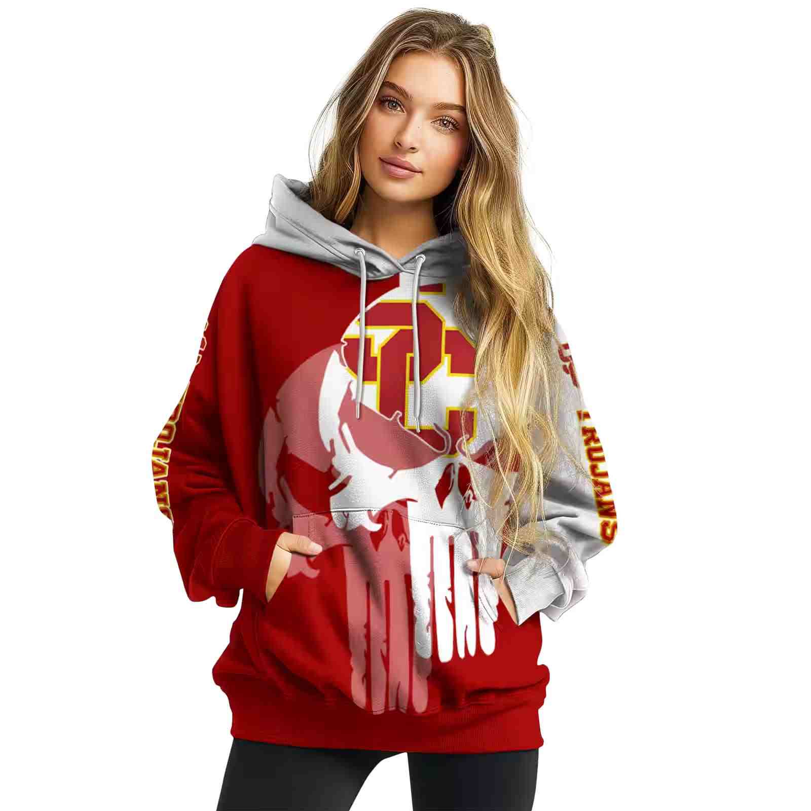 usc trojans graphic punisher red white hoodie high quality