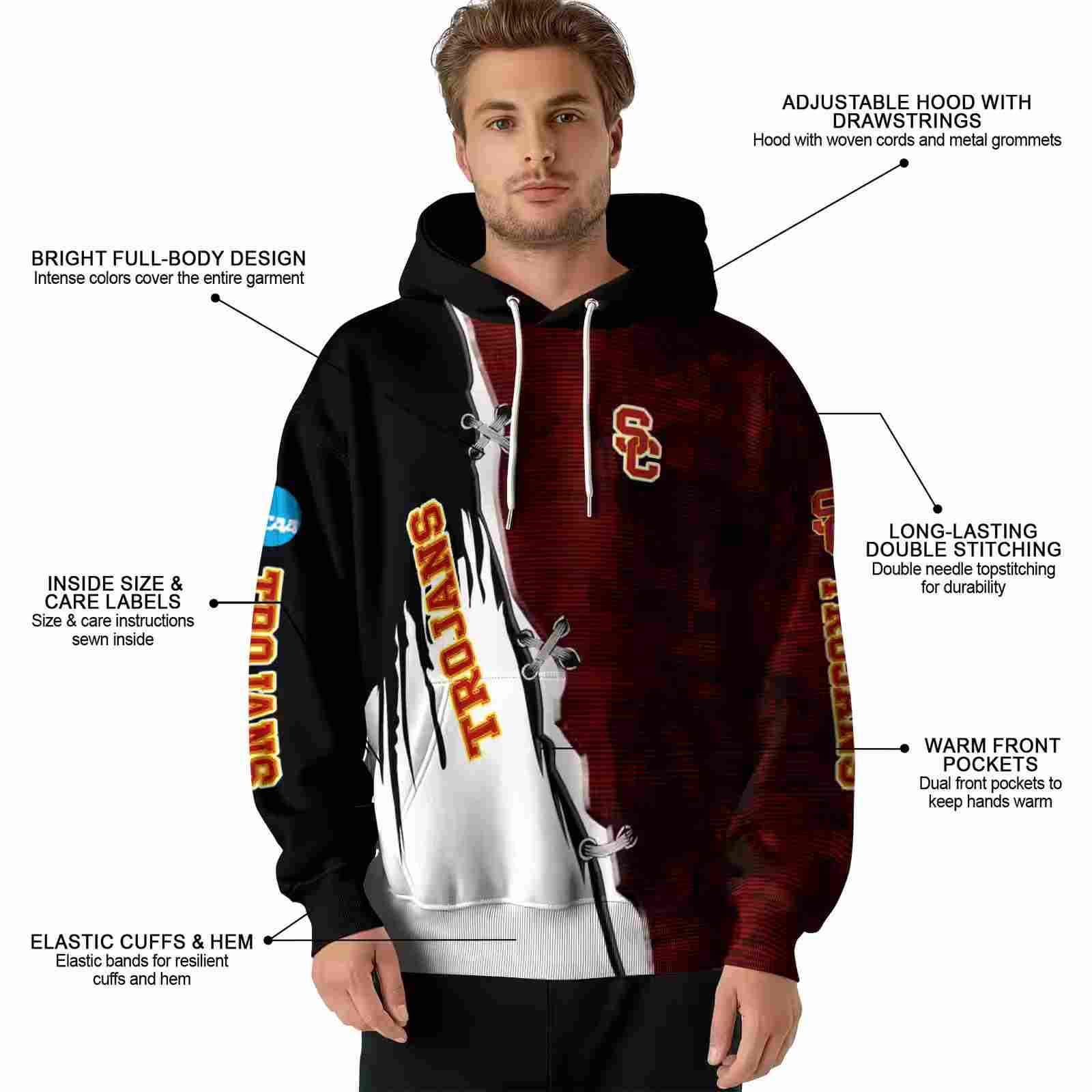 usc trojans ripped pattern red black white hoodie latest model