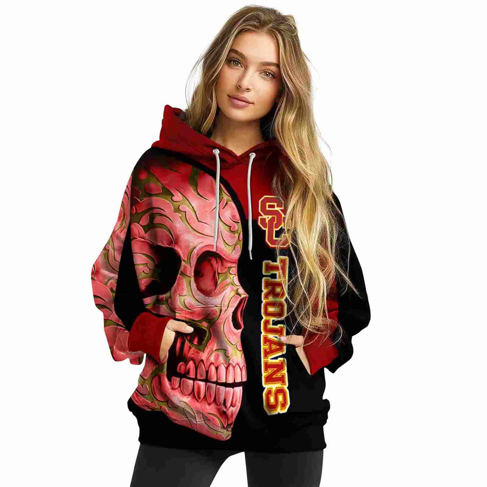 usc trojans skull motif red black hoodie high quality