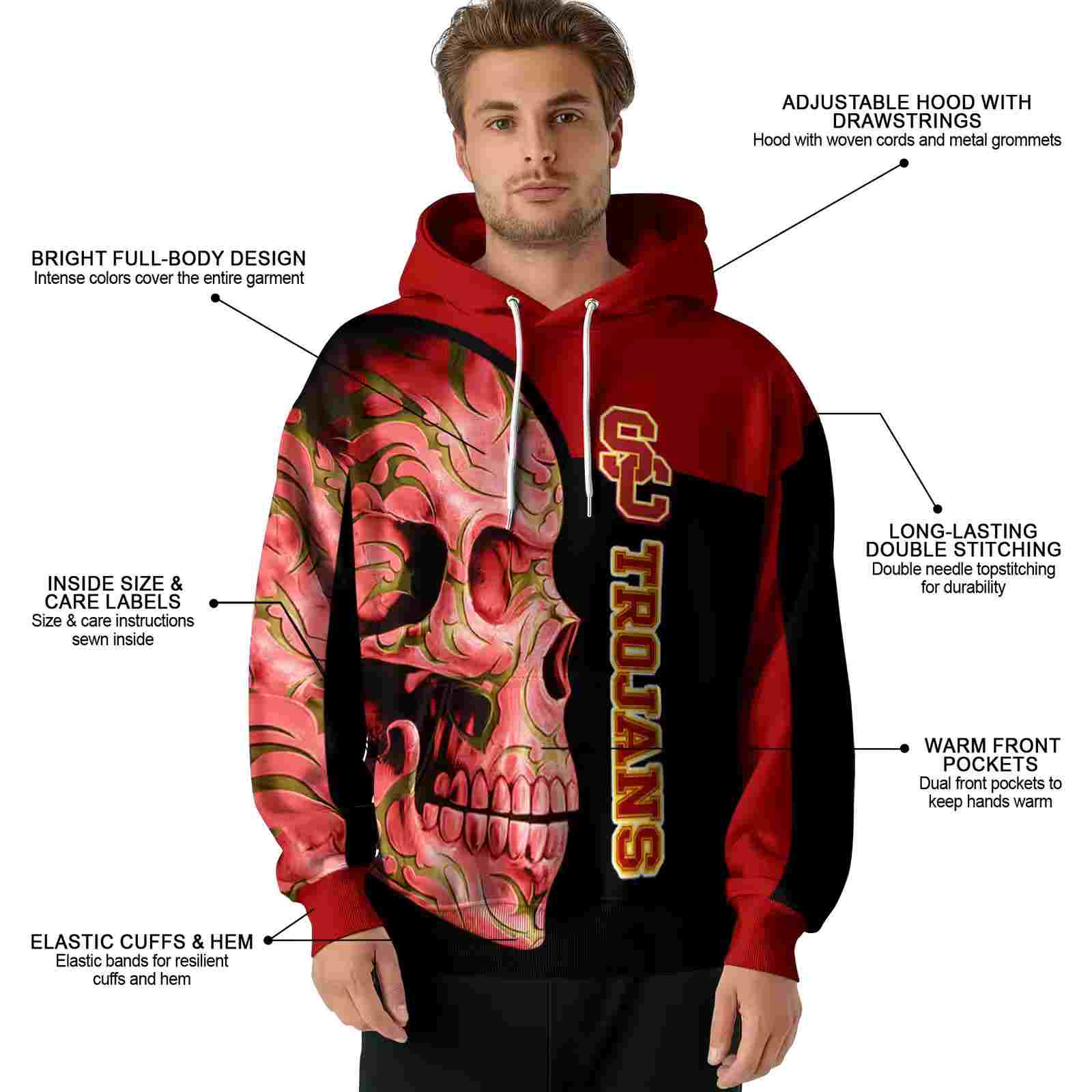 usc trojans skull motif red black hoodie latest model