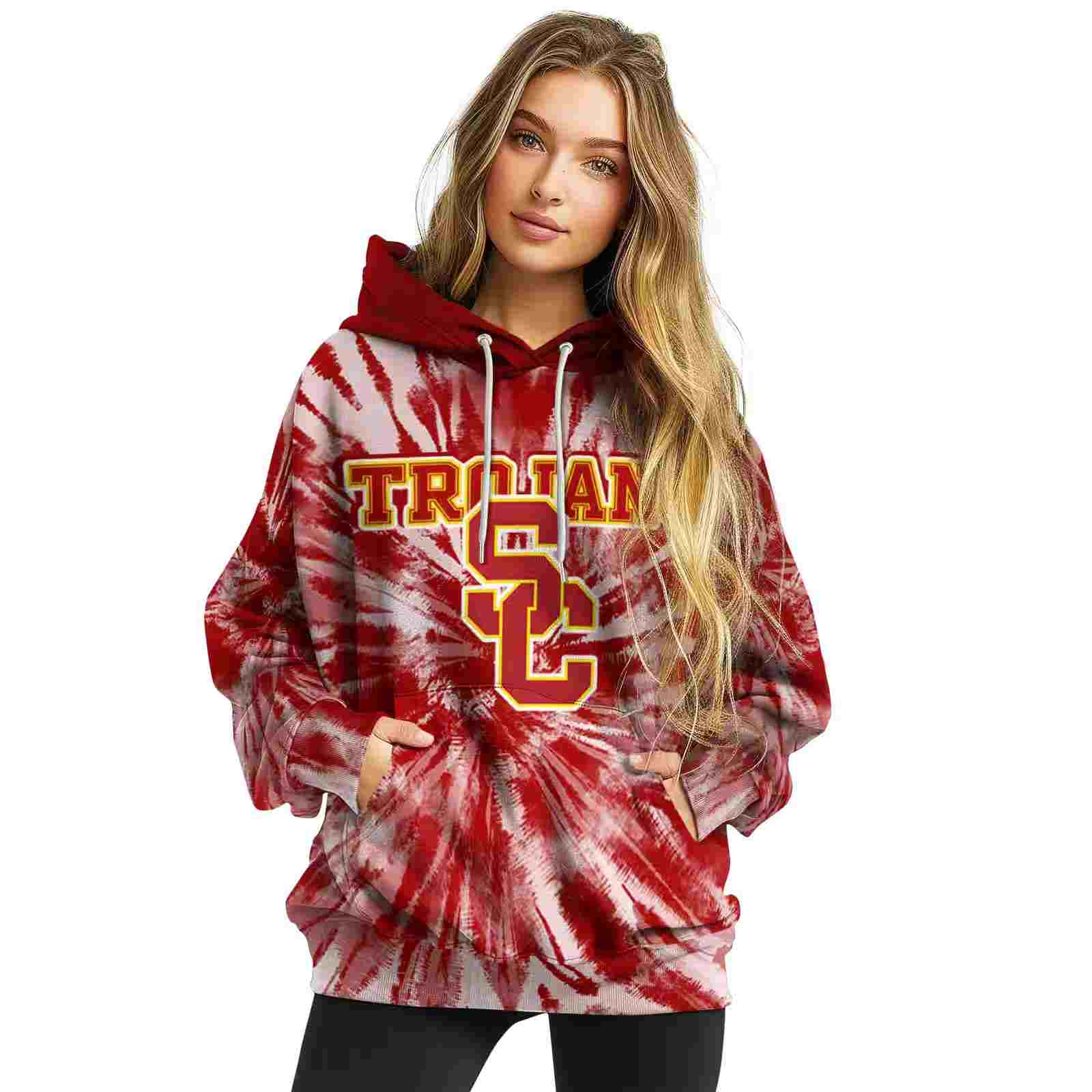 usc trojans tie dye pattern red hoodie high quality