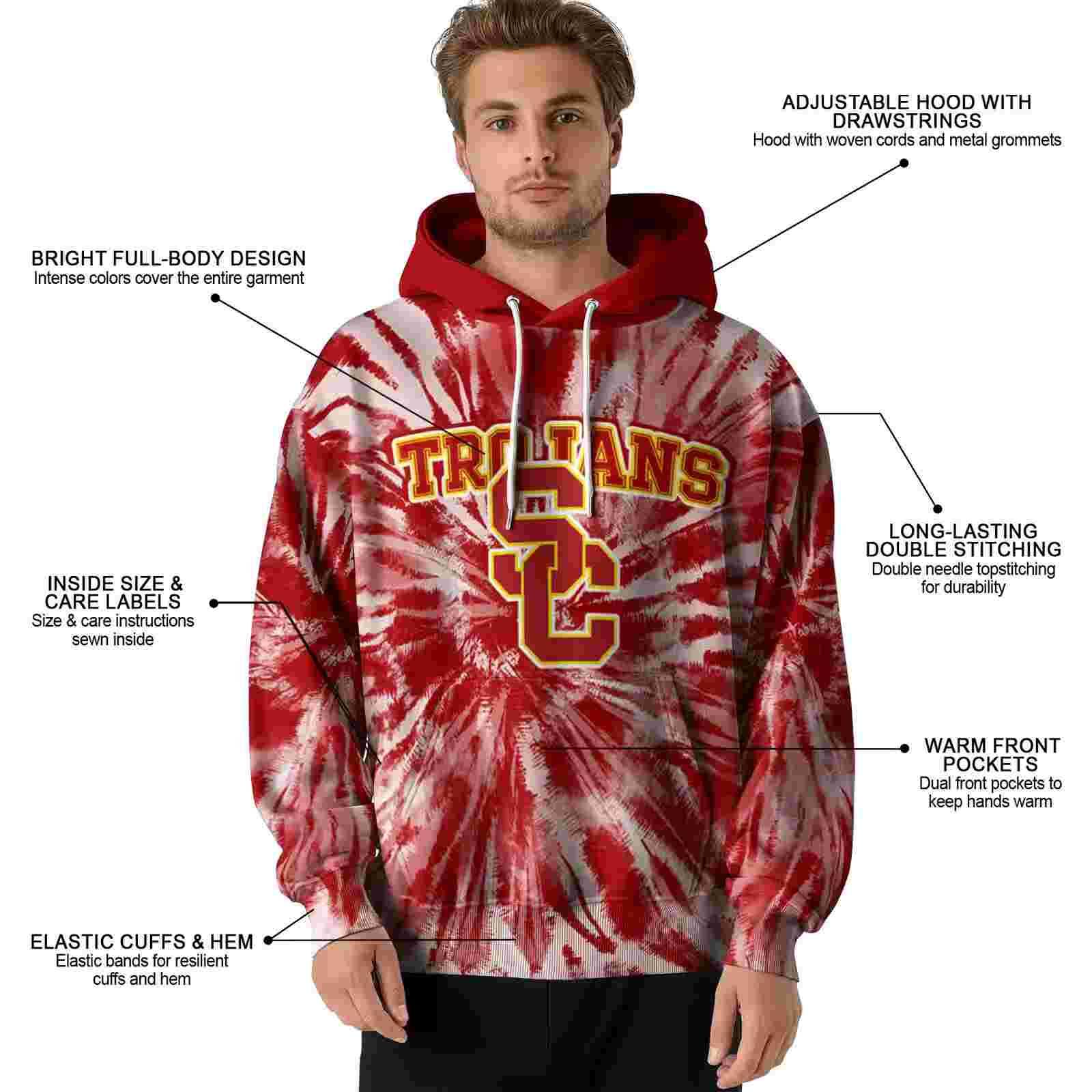 usc trojans tie dye pattern red hoodie latest model