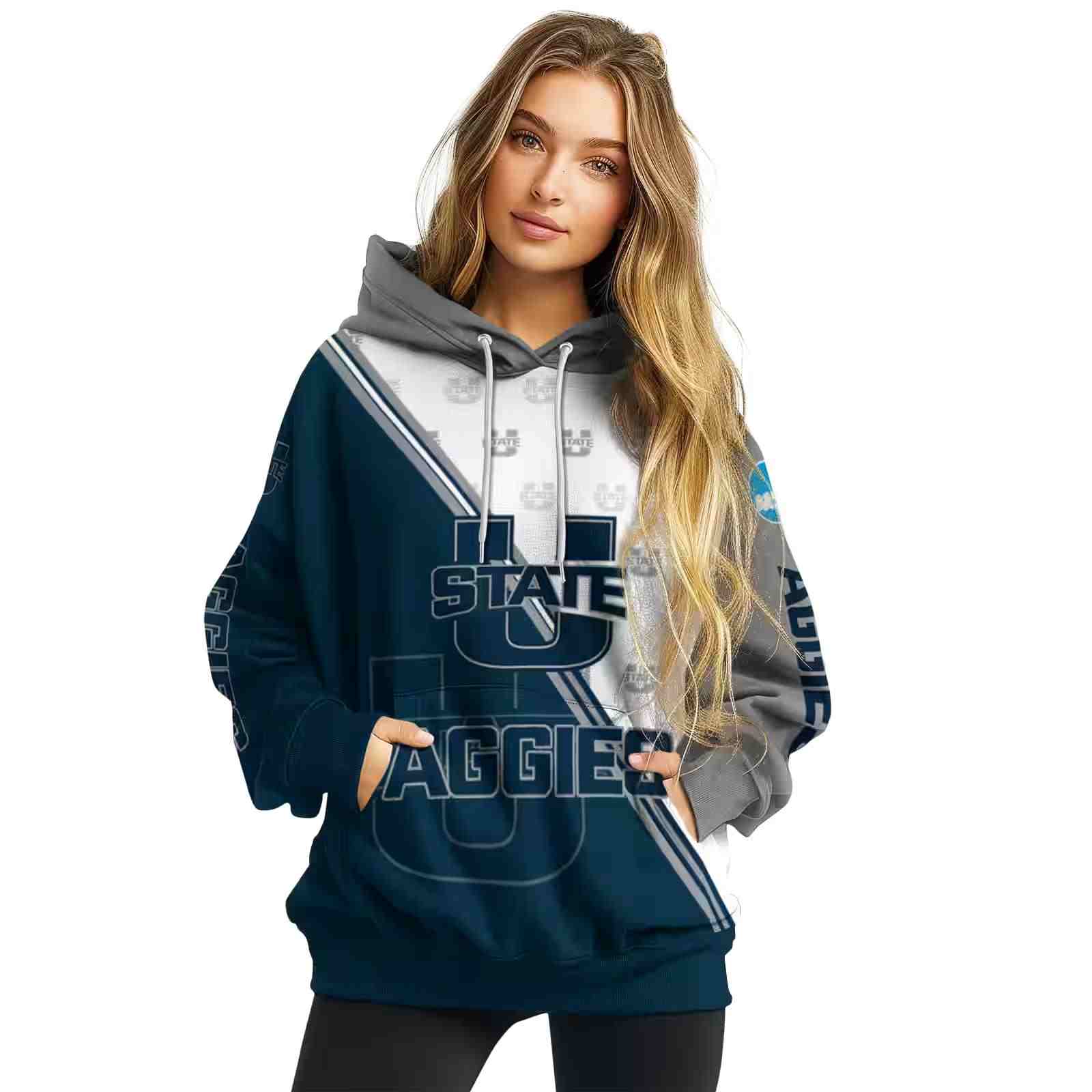 utah state aggies diagonal stripe navy white hoodie high quality