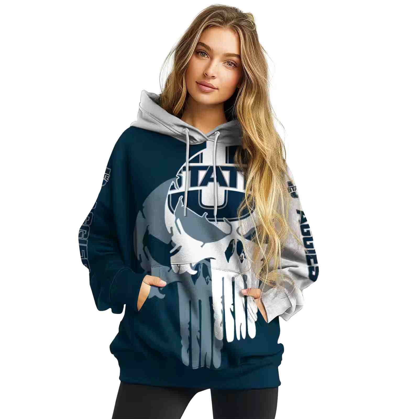 utah state aggies graphic punisher navy white hoodie high quality