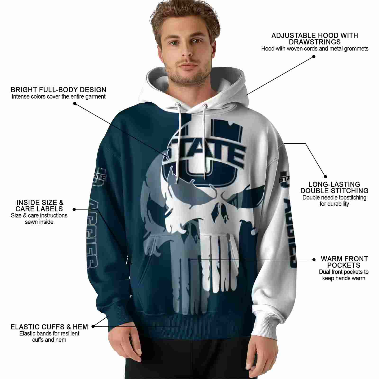 utah state aggies graphic punisher navy white hoodie latest model