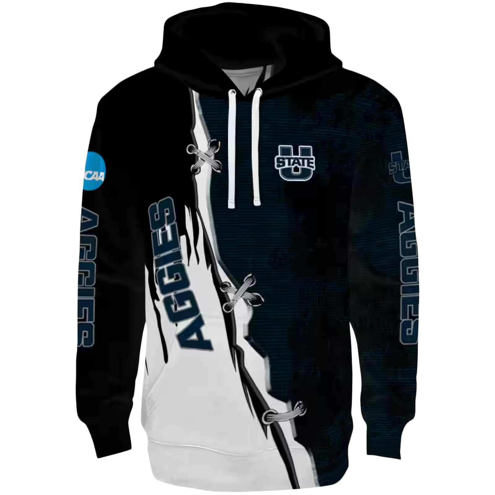 Utah State Aggies Ripped Pattern Navy Black White Hoodie