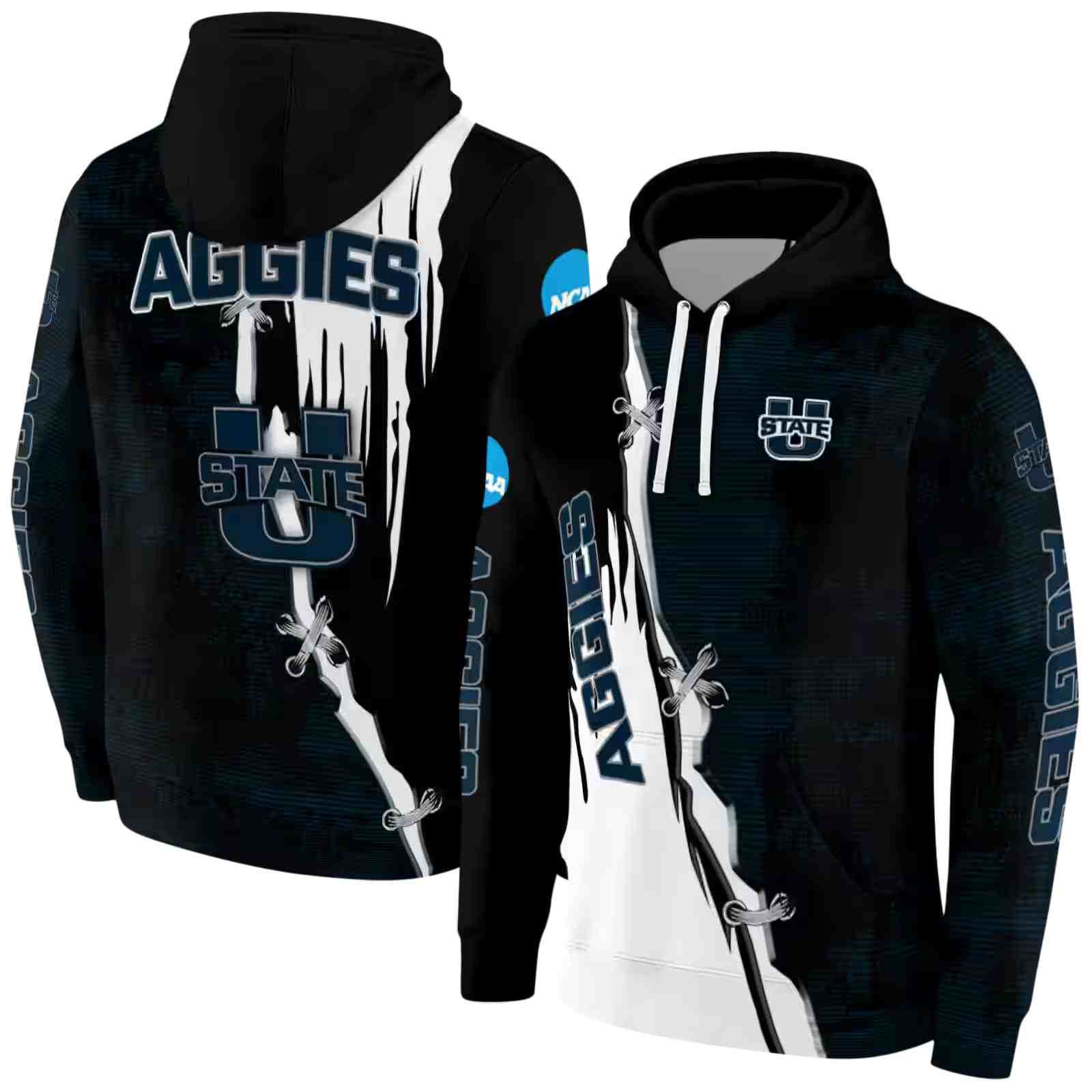 utah state aggies ripped pattern navy black white hoodie fashion forward