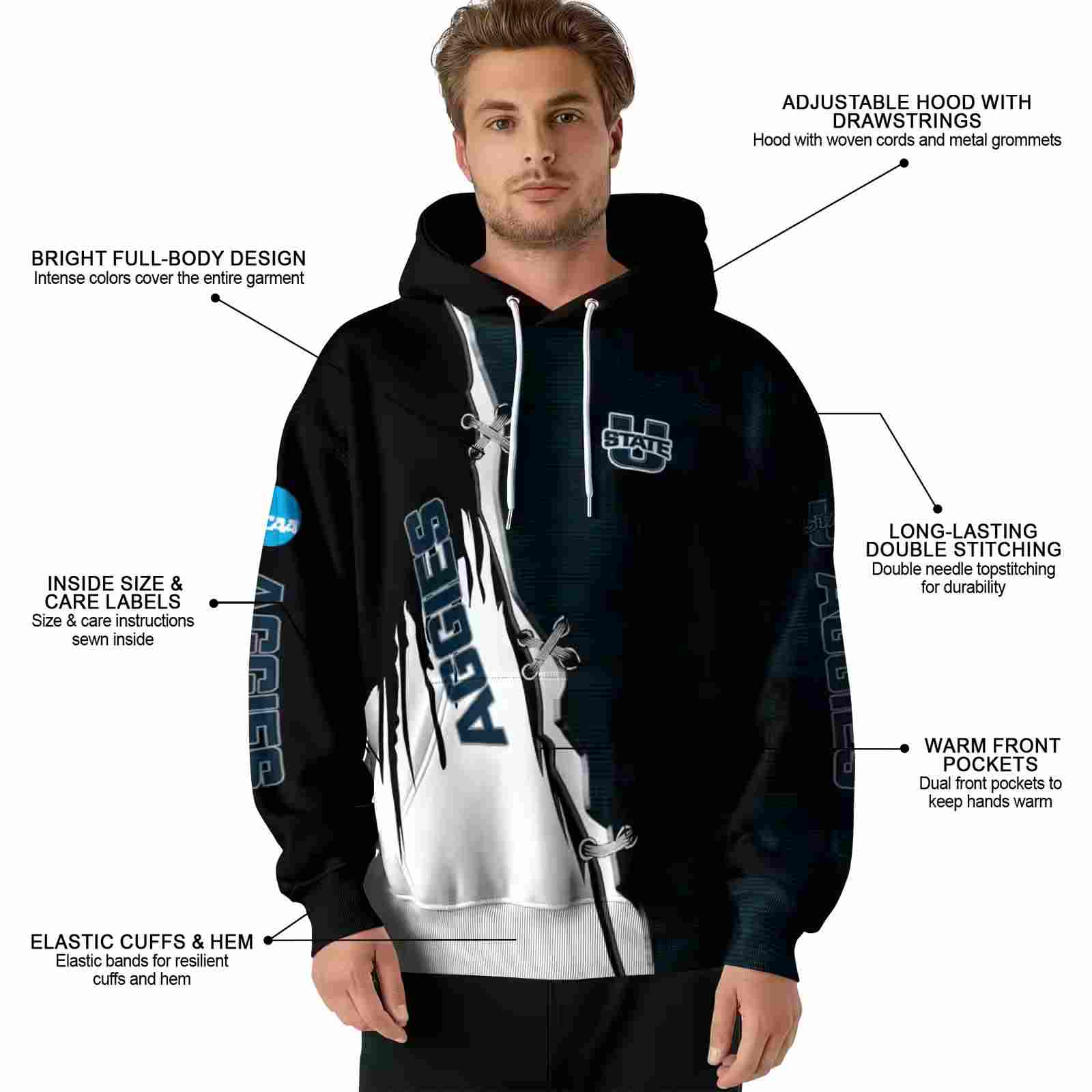 utah state aggies ripped pattern navy black white hoodie latest model