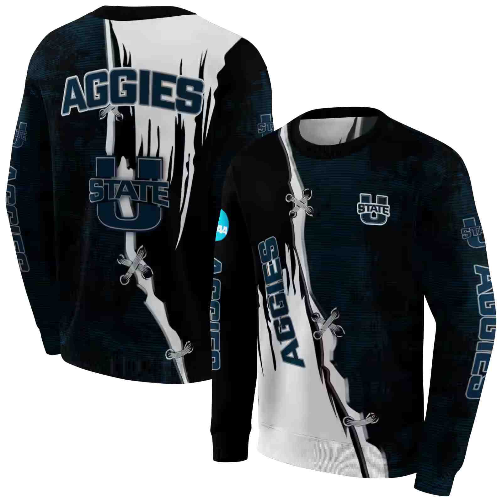 utah state aggies ripped pattern navy black white hoodie premium grade