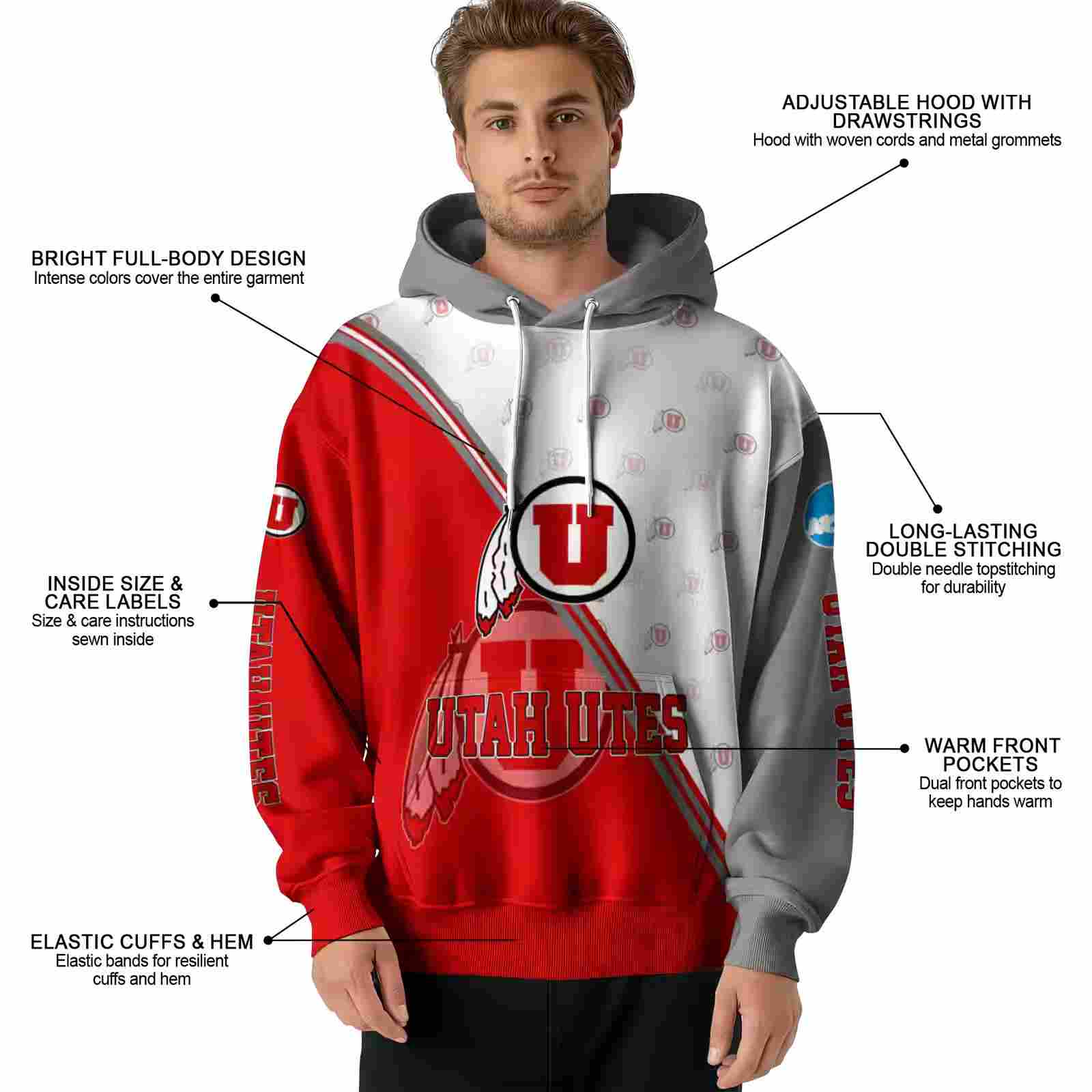 utah utes diagonal stripe red white hoodie latest model