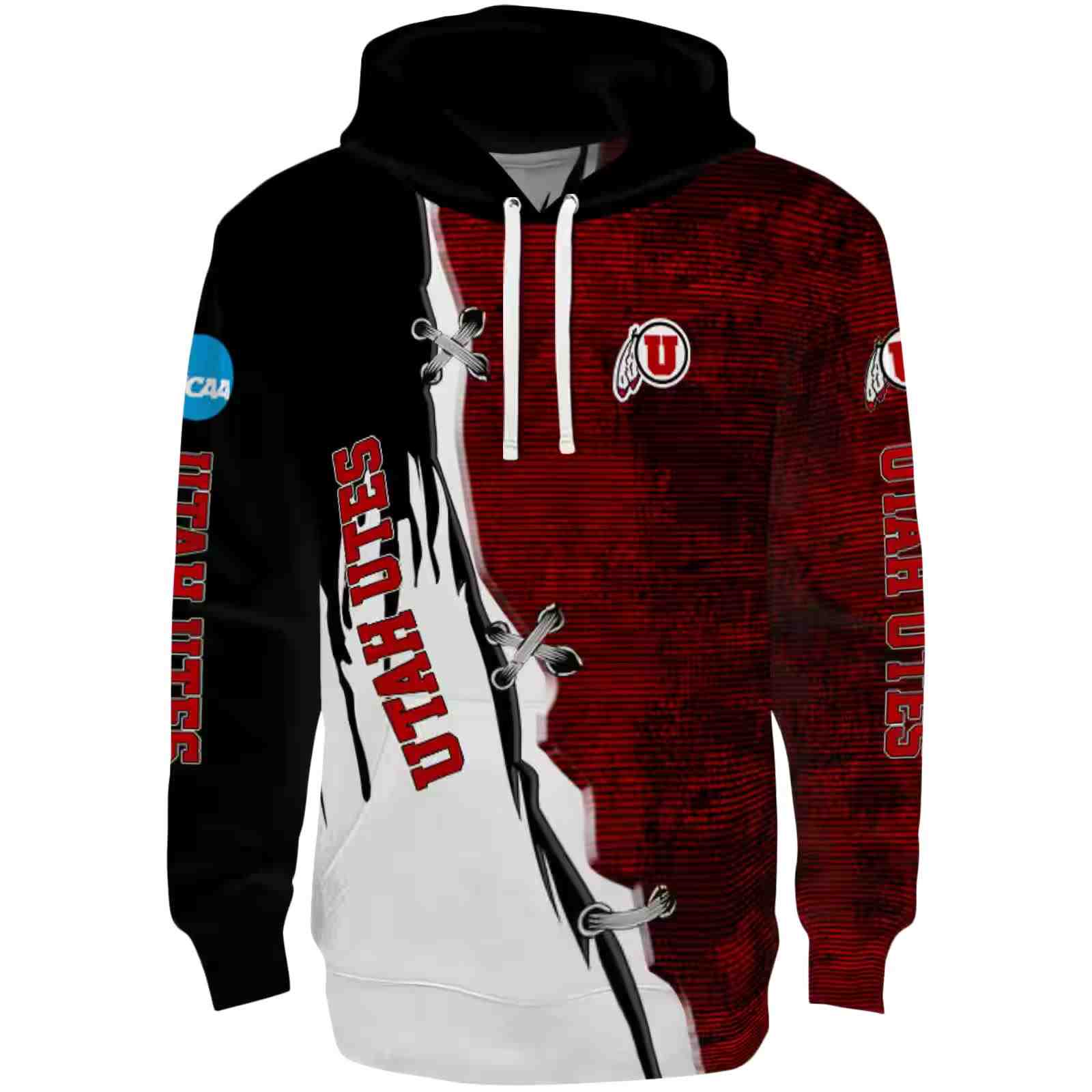 Utah Utes Ripped Pattern Red Black White Hoodie