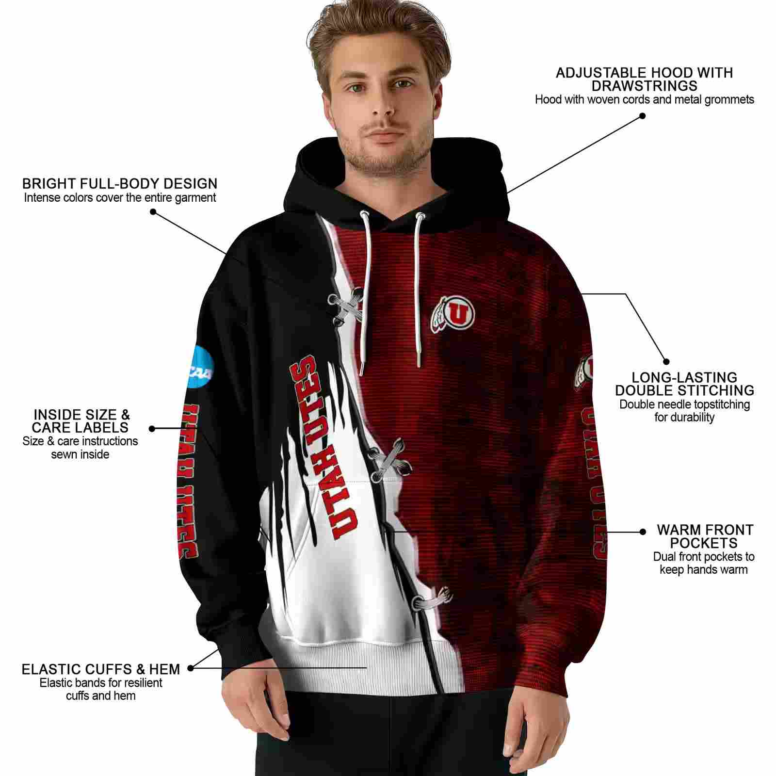 utah utes ripped pattern red black white hoodie latest model