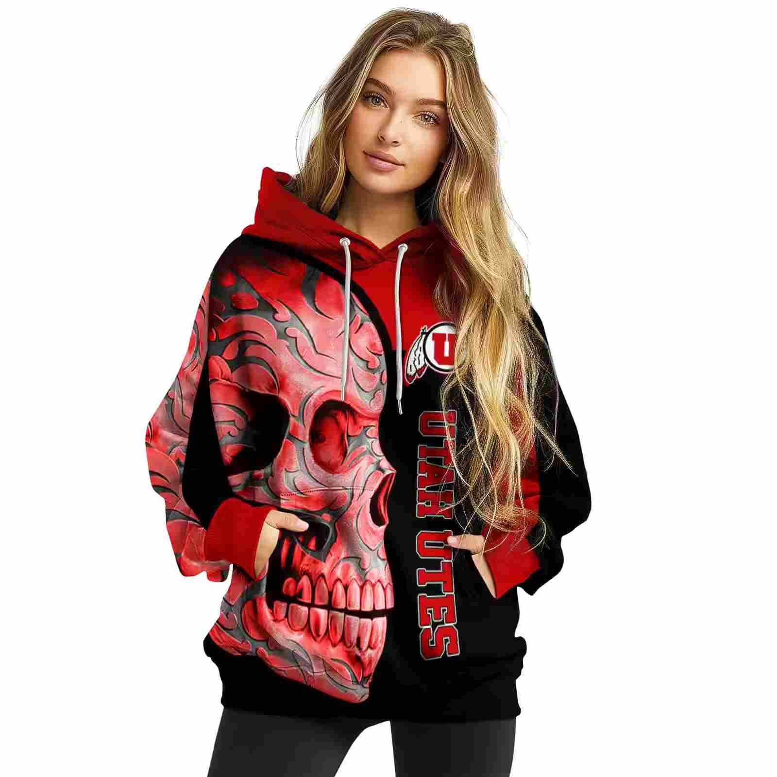 utah utes skull motif red black hoodie high quality