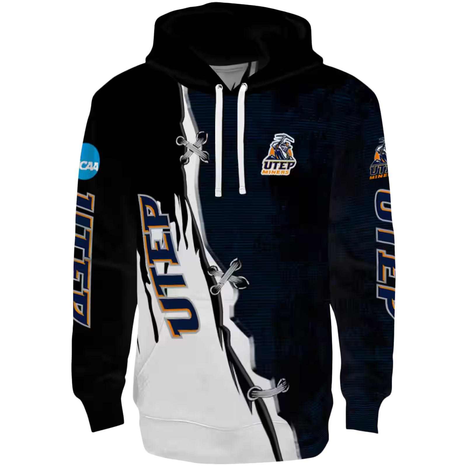 UTEP Miners Ripped Pattern Blue Black White Hoodie