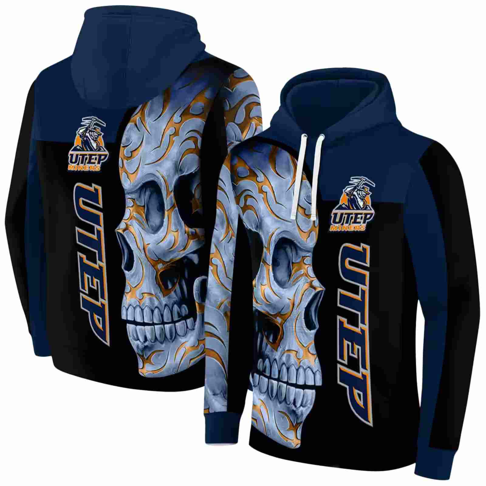 utep miners skull motif blue black hoodie fashion forward