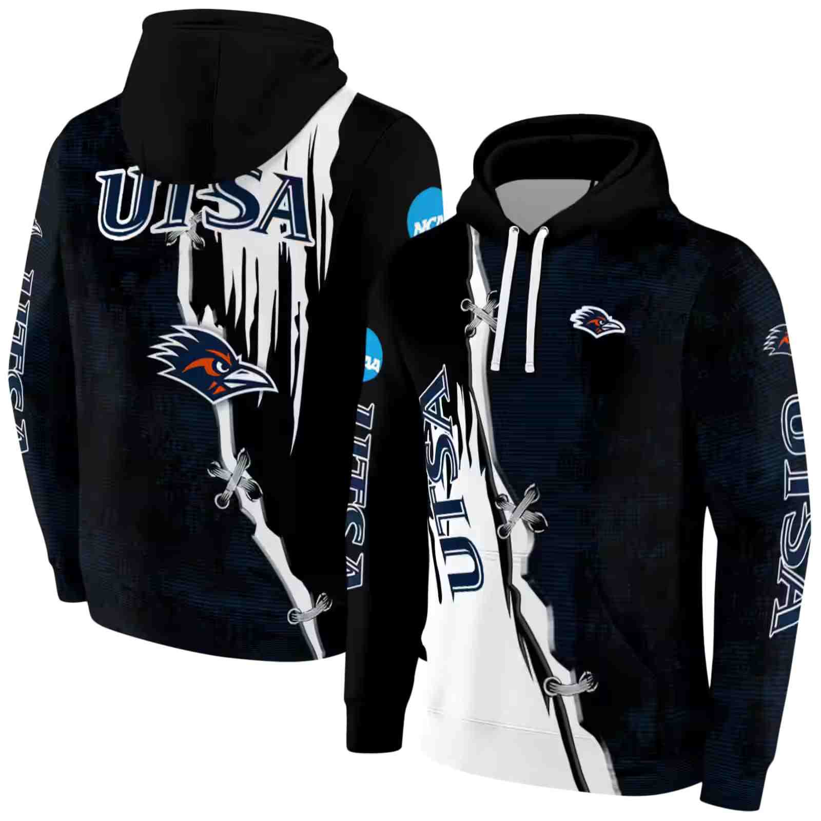 utsa roadrunners ripped pattern orange black white hoodie fashion forward