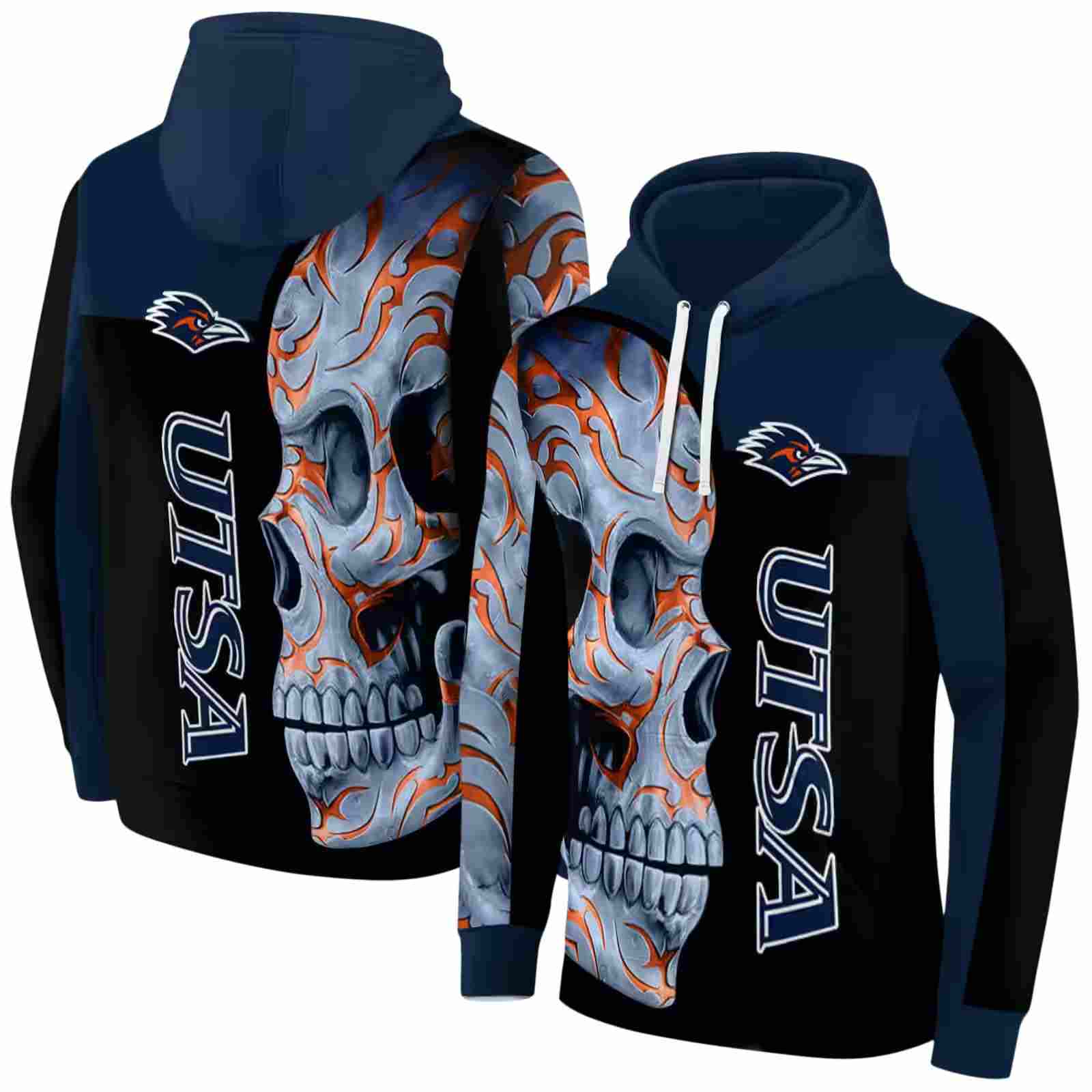 utsa roadrunners skull motif orange black hoodie fashion forward