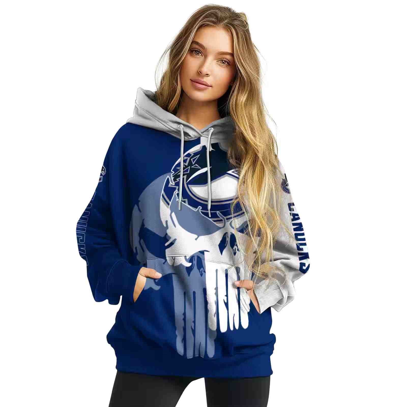 vancouver canucks graphic punisher blue white hoodie high quality