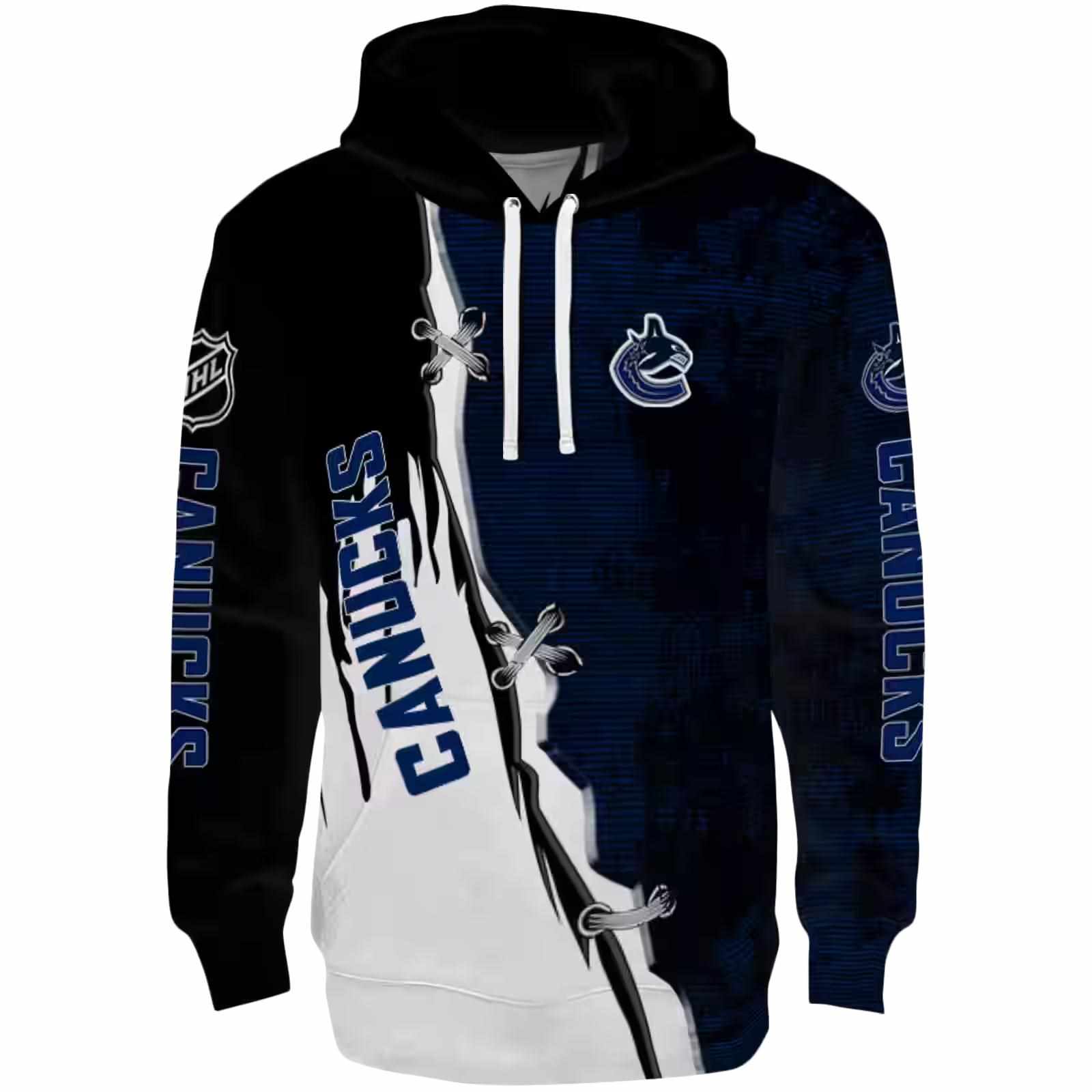 Vancouver Canucks Ripped Pattern Blue Black White Hoodie