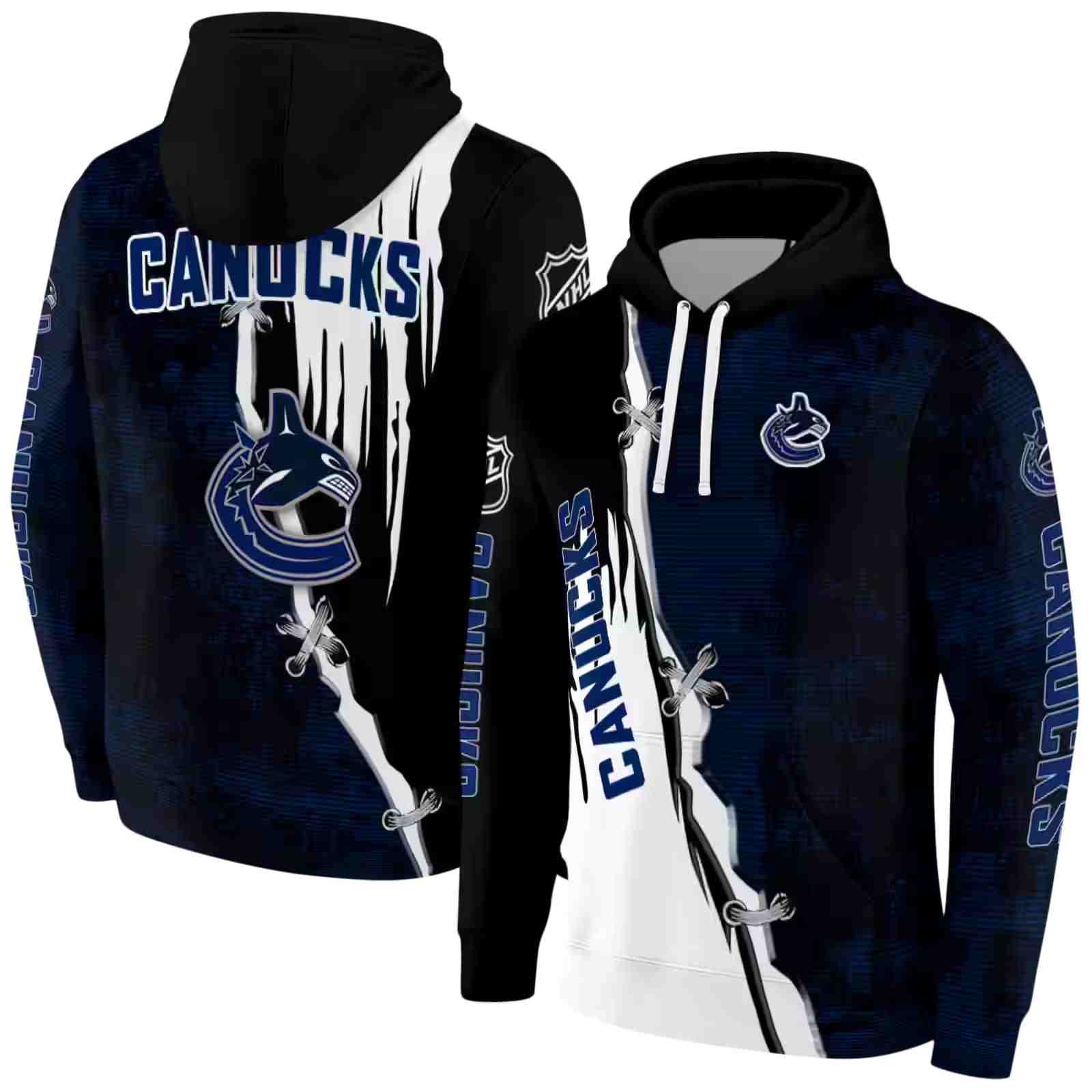 vancouver canucks ripped pattern blue black white hoodie fashion forward