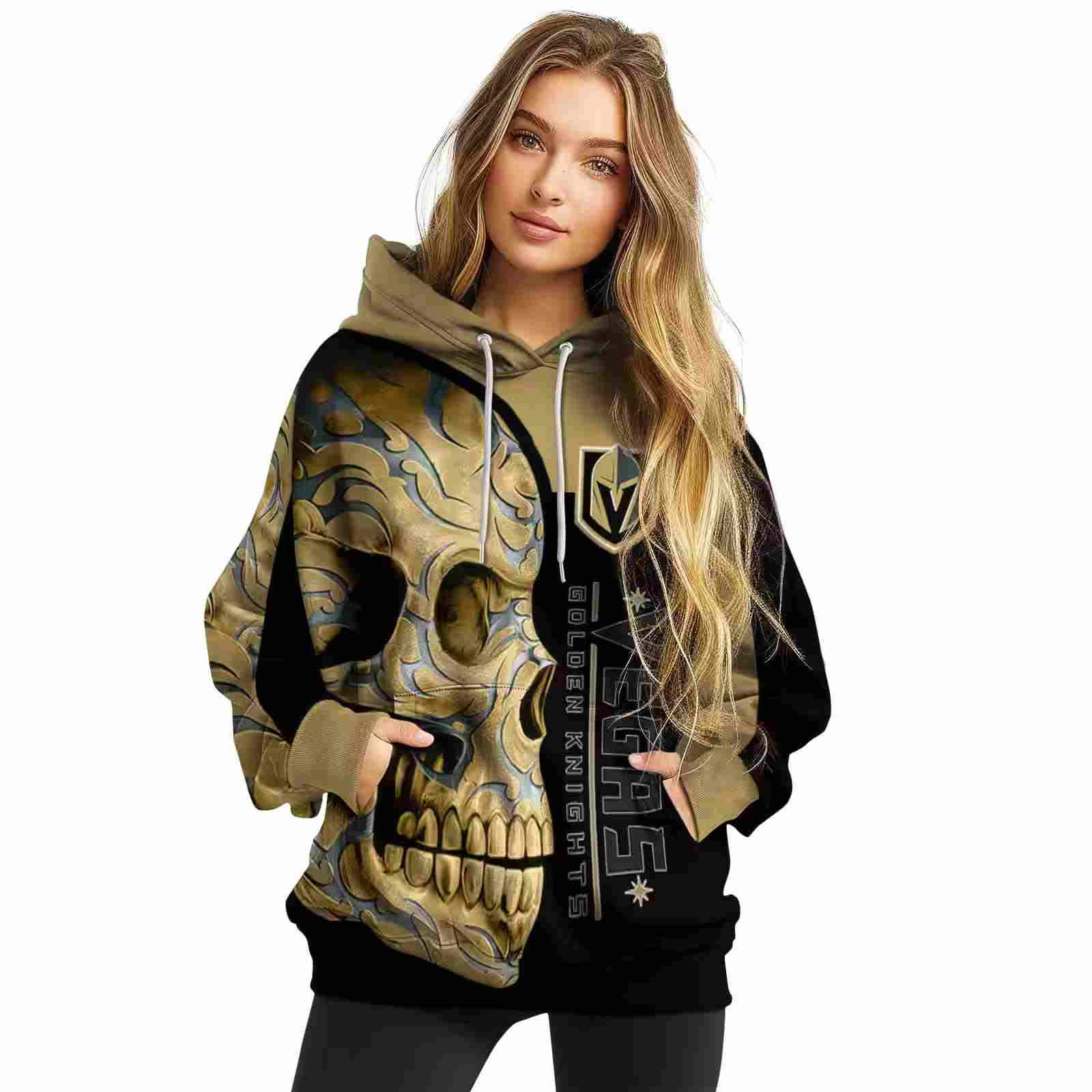 vegas golden knights skull motif tan black hoodie high quality