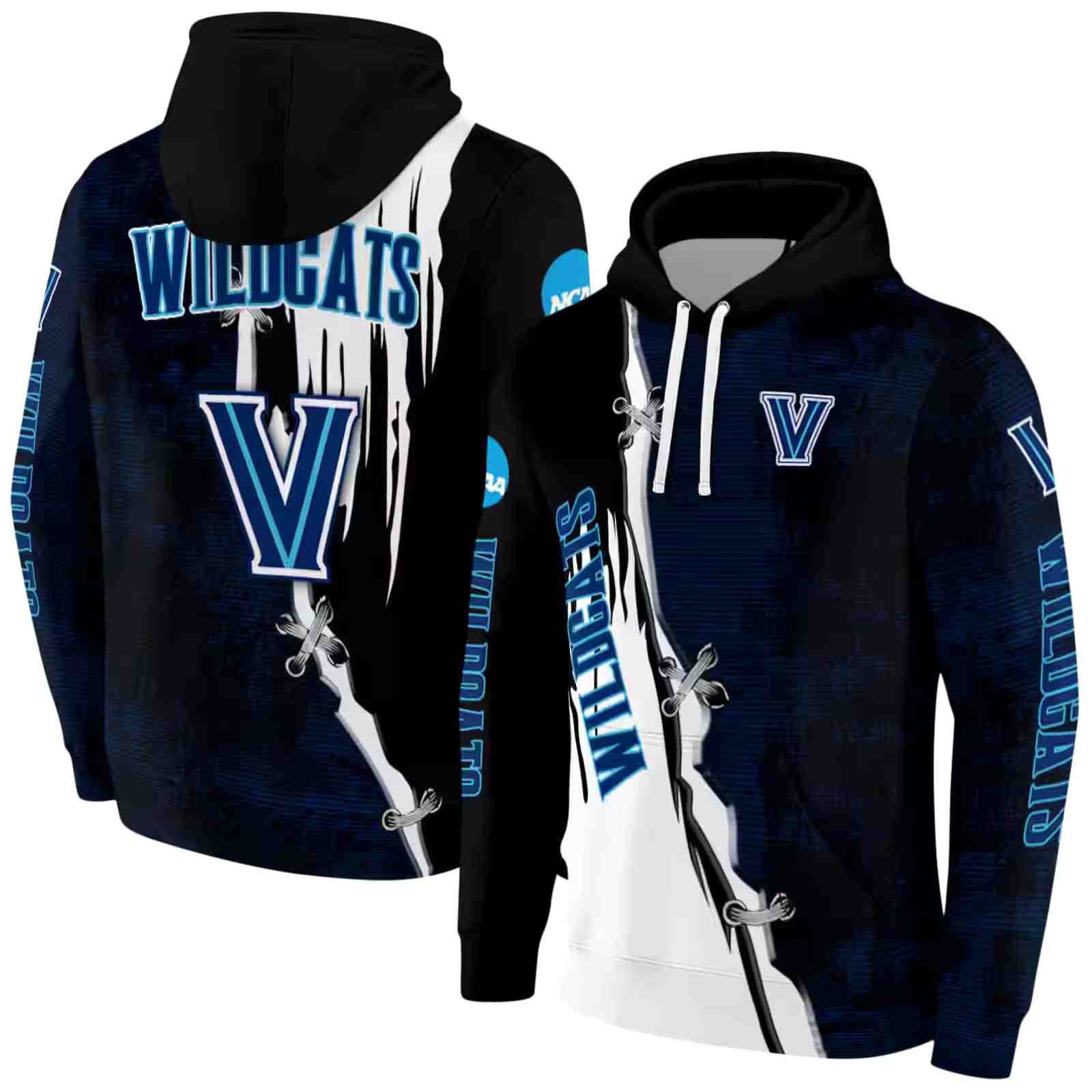 villanova wildcats ripped pattern navy black white hoodie fashion forward
