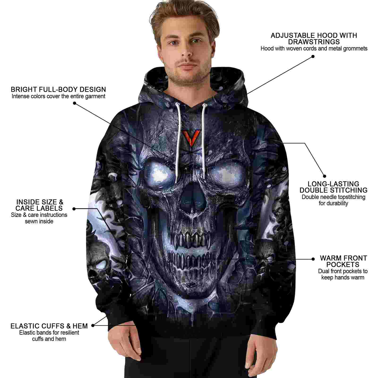 virginia cavaliers demonic skull blue black hoodie latest model