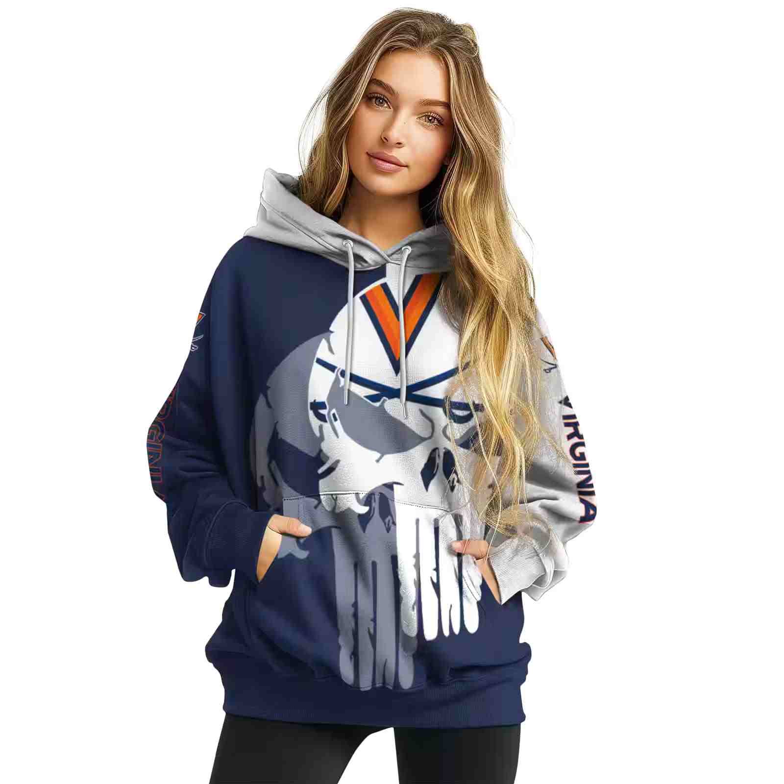 virginia cavaliers graphic punisher blue white hoodie high quality