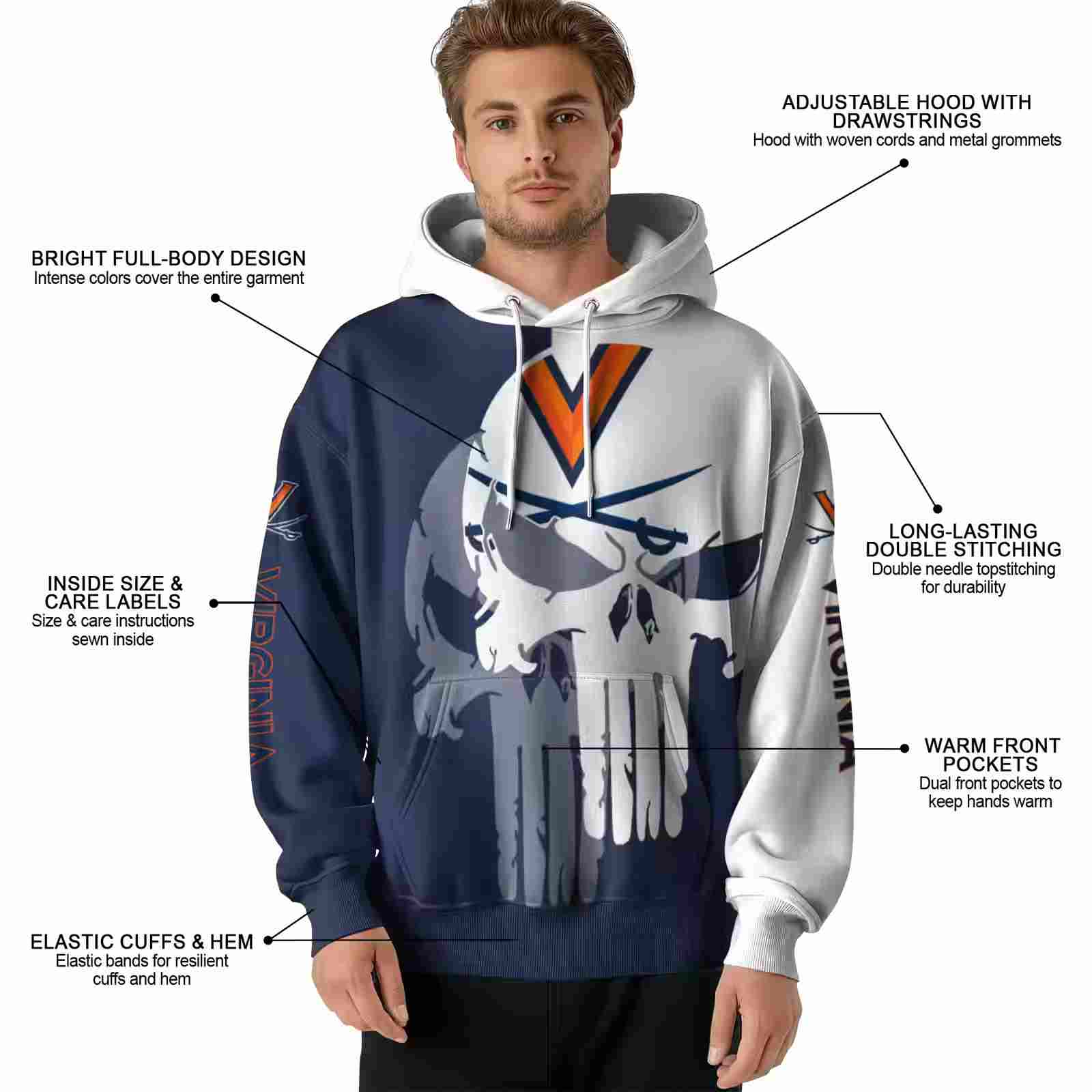 virginia cavaliers graphic punisher blue white hoodie latest model