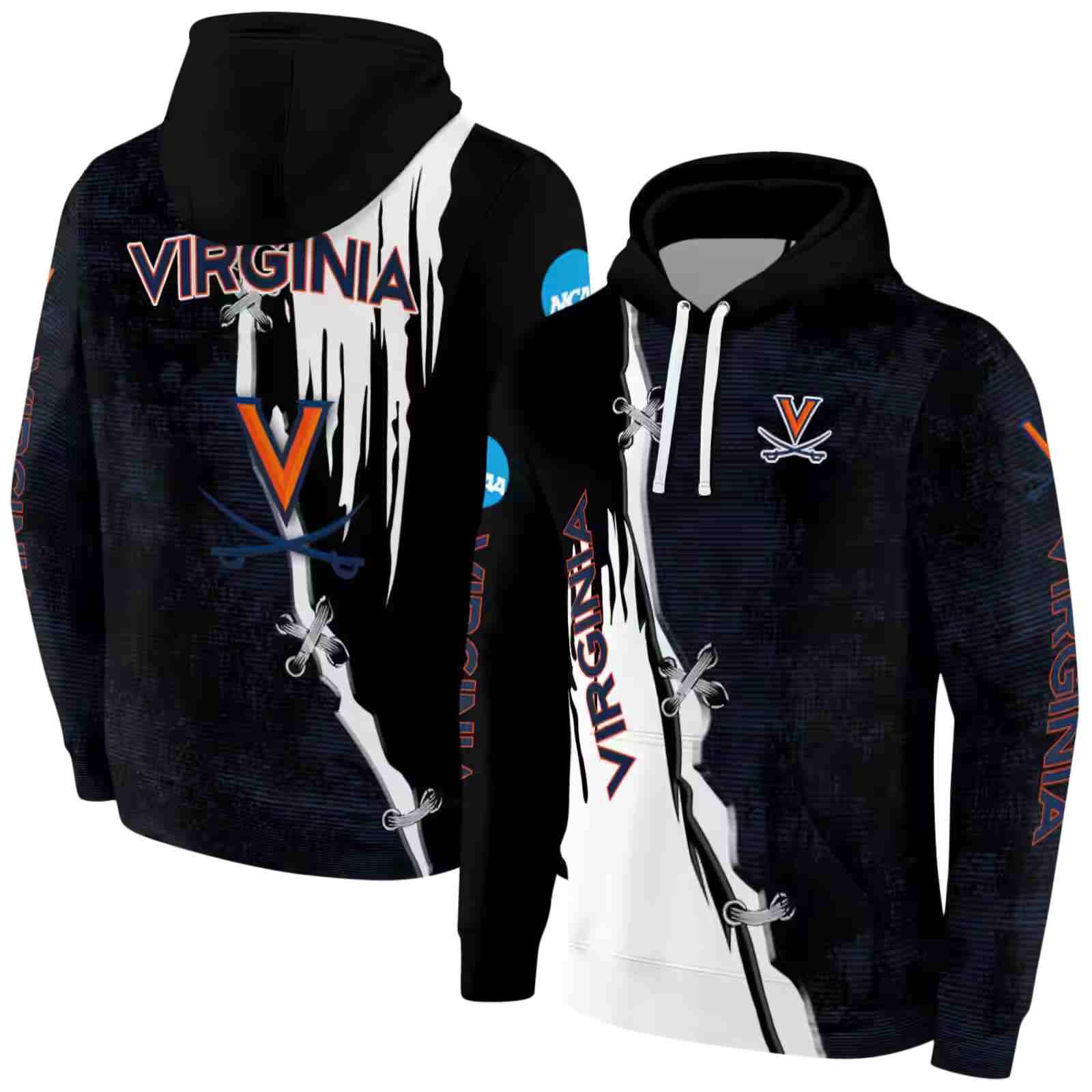 virginia cavaliers ripped pattern blue black white hoodie fashion forward