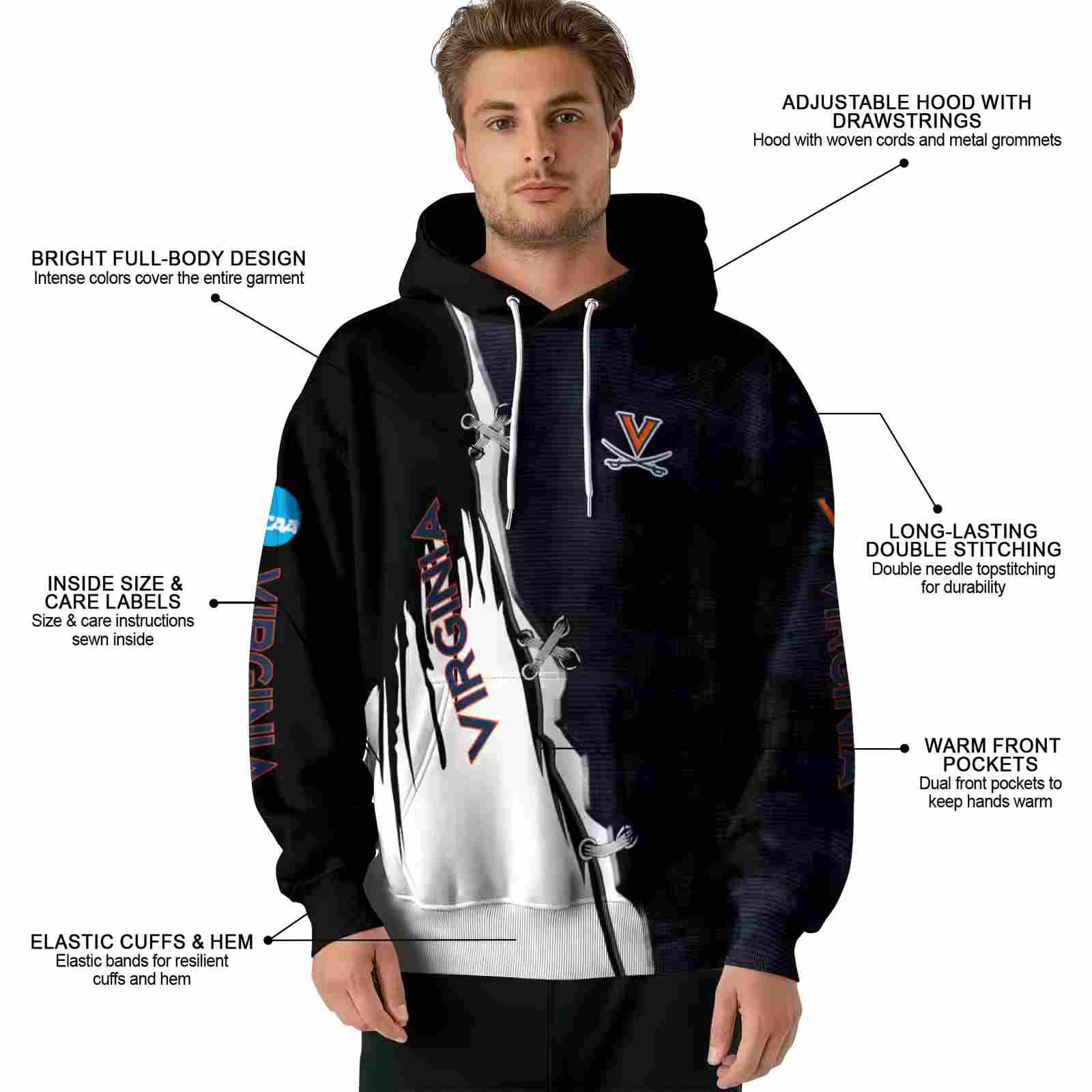 virginia cavaliers ripped pattern blue black white hoodie latest model