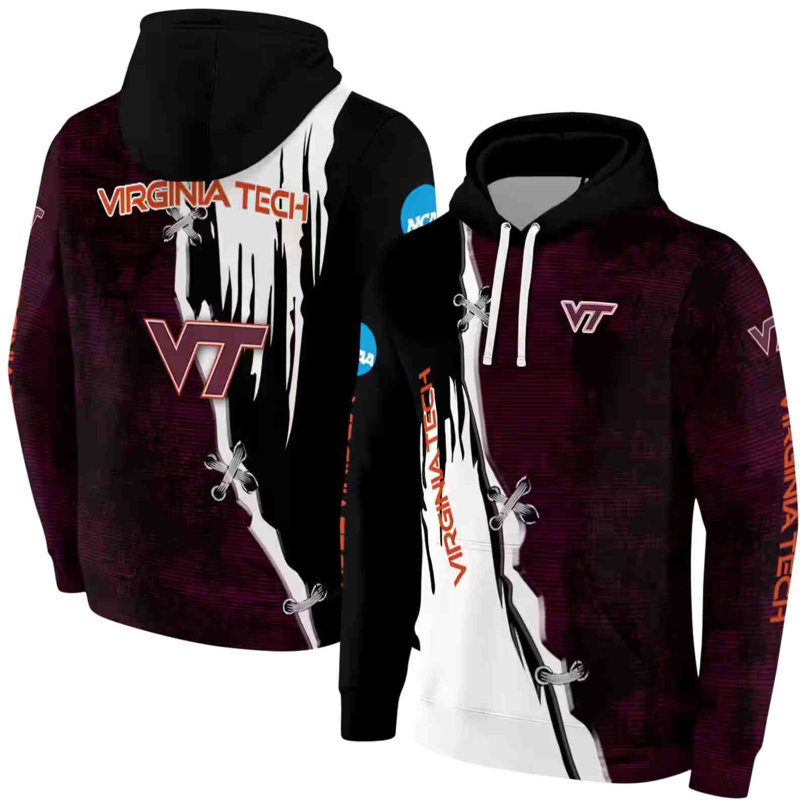 virginia tech hokies ripped pattern maroon black white hoodie fashion forward