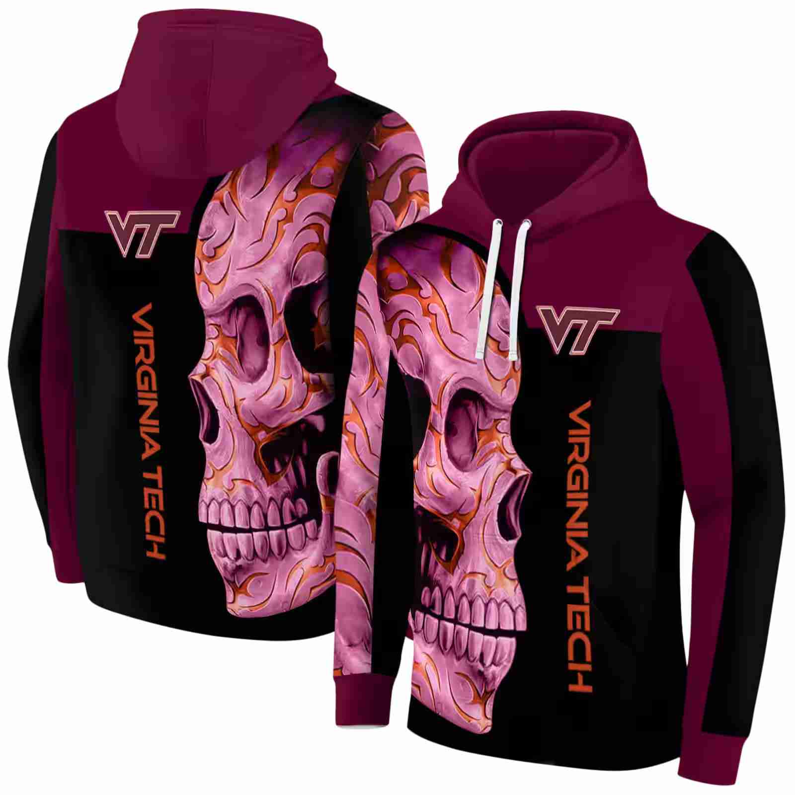 virginia tech hokies skull motif maroon black hoodie fashion forward