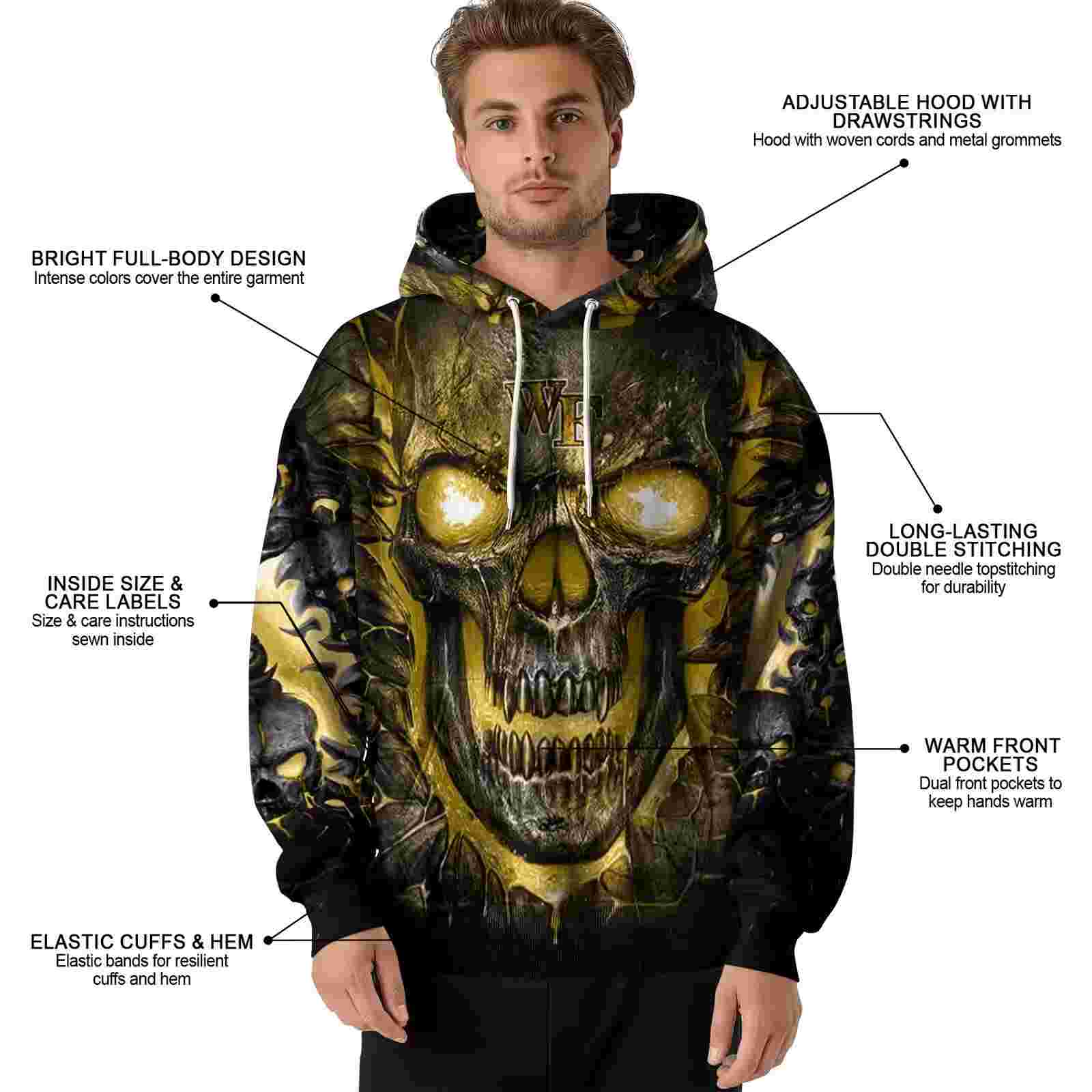 wake forest demon deacons demonic skull gold black hoodie latest model