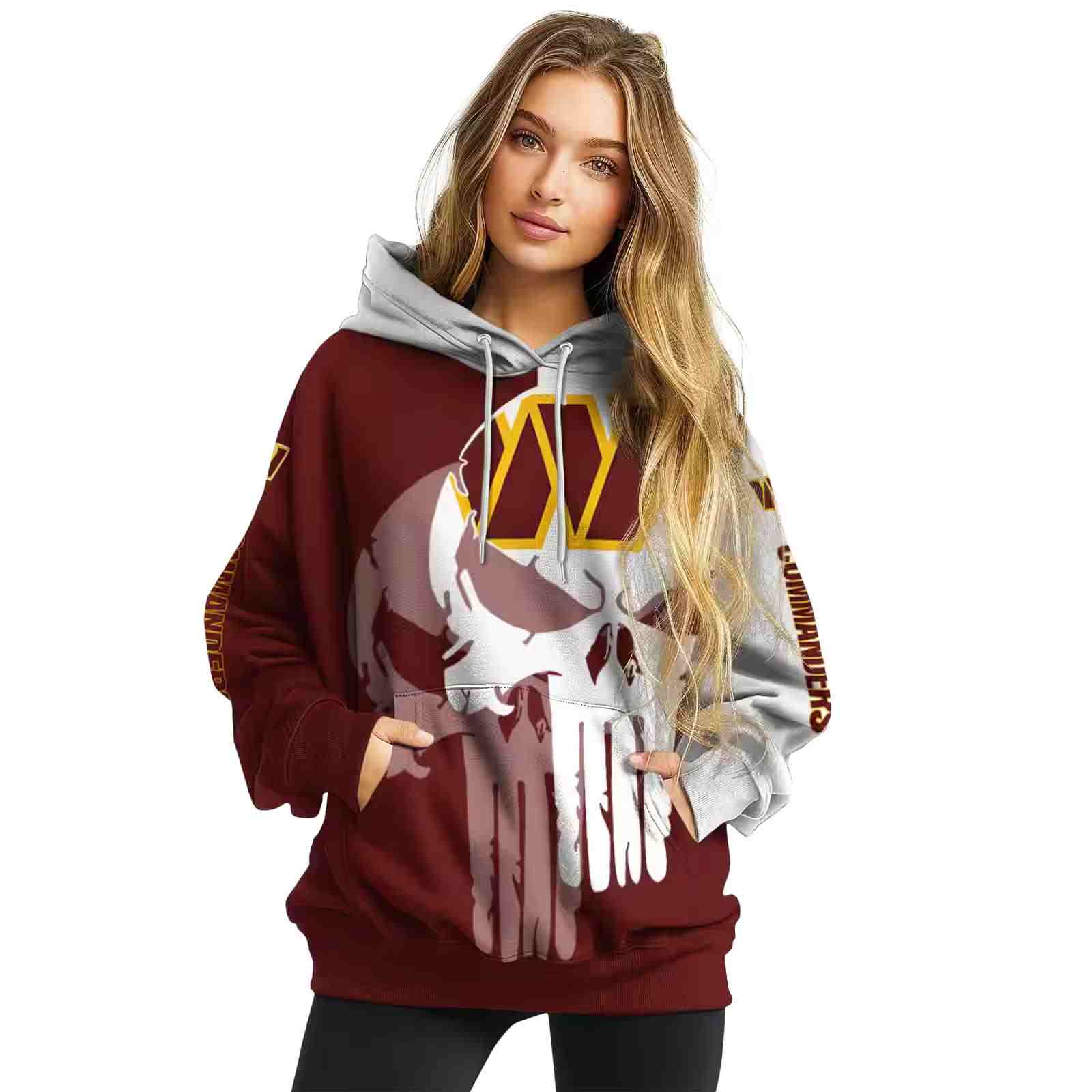 washington commanders graphic punisher burgundy white hoodie high quality