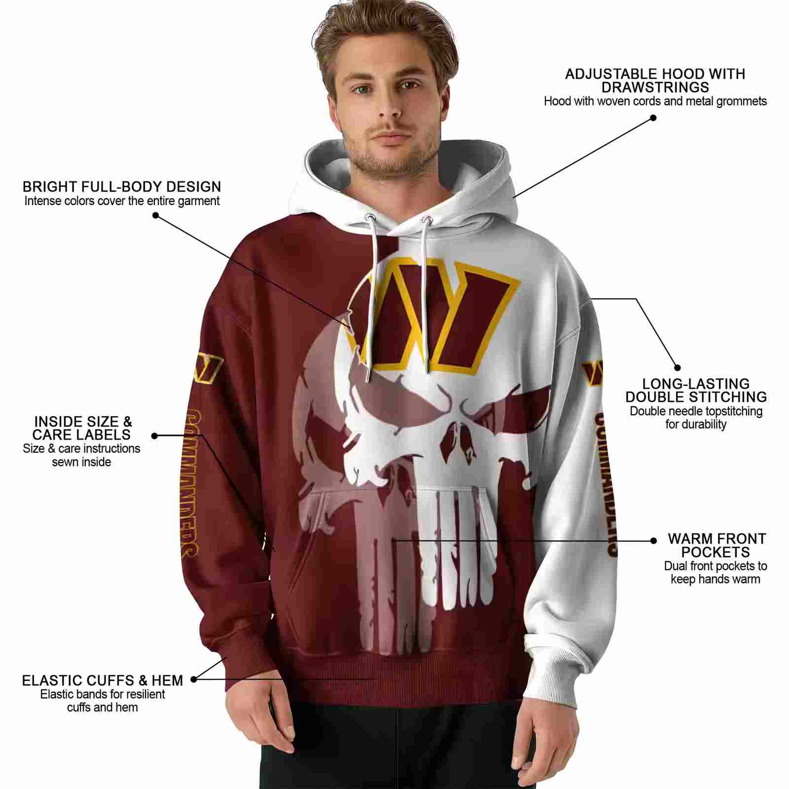 washington commanders graphic punisher burgundy white hoodie latest model