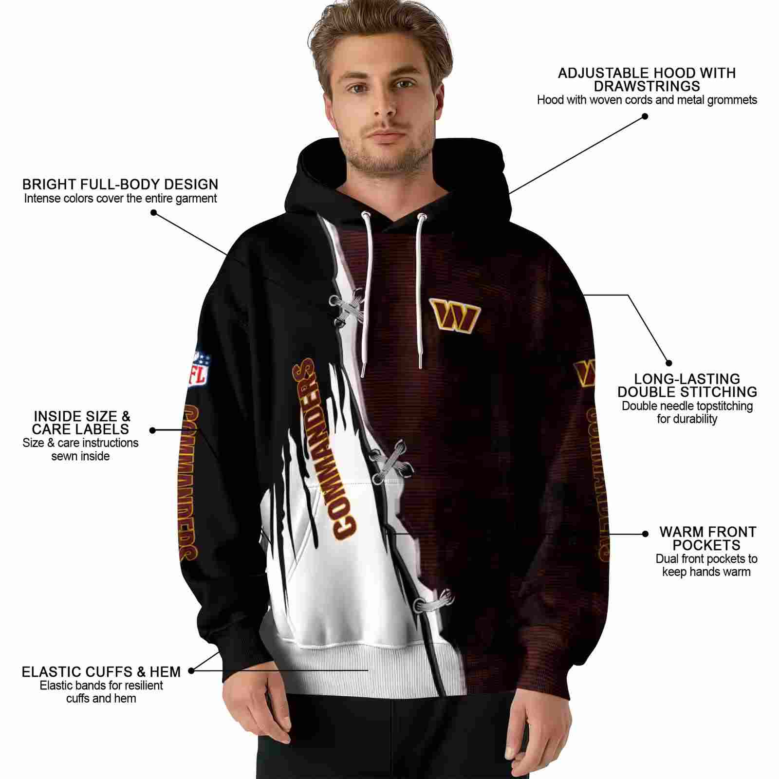 washington commanders ripped pattern burgundy black white hoodie latest model