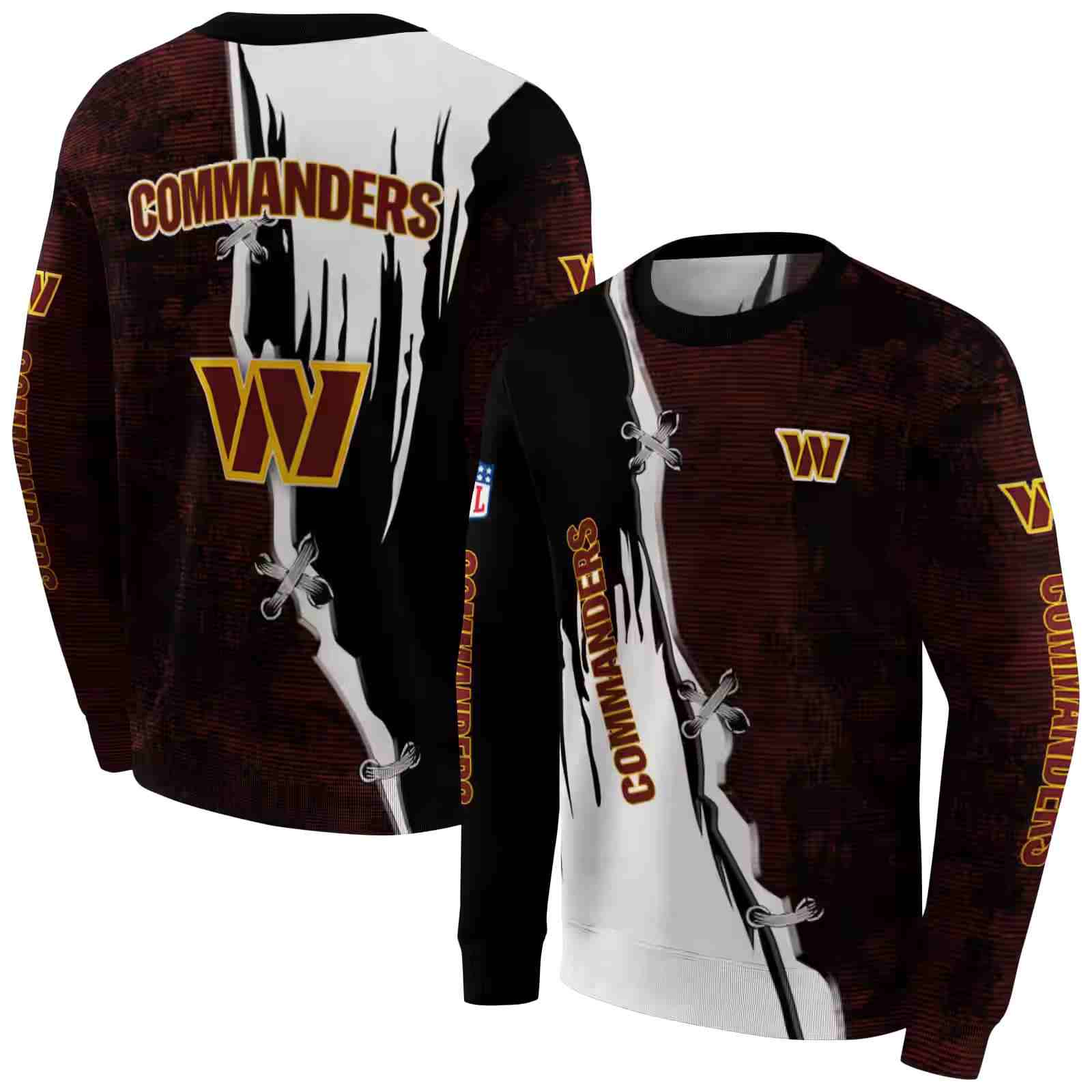 washington commanders ripped pattern burgundy black white hoodie premium grade